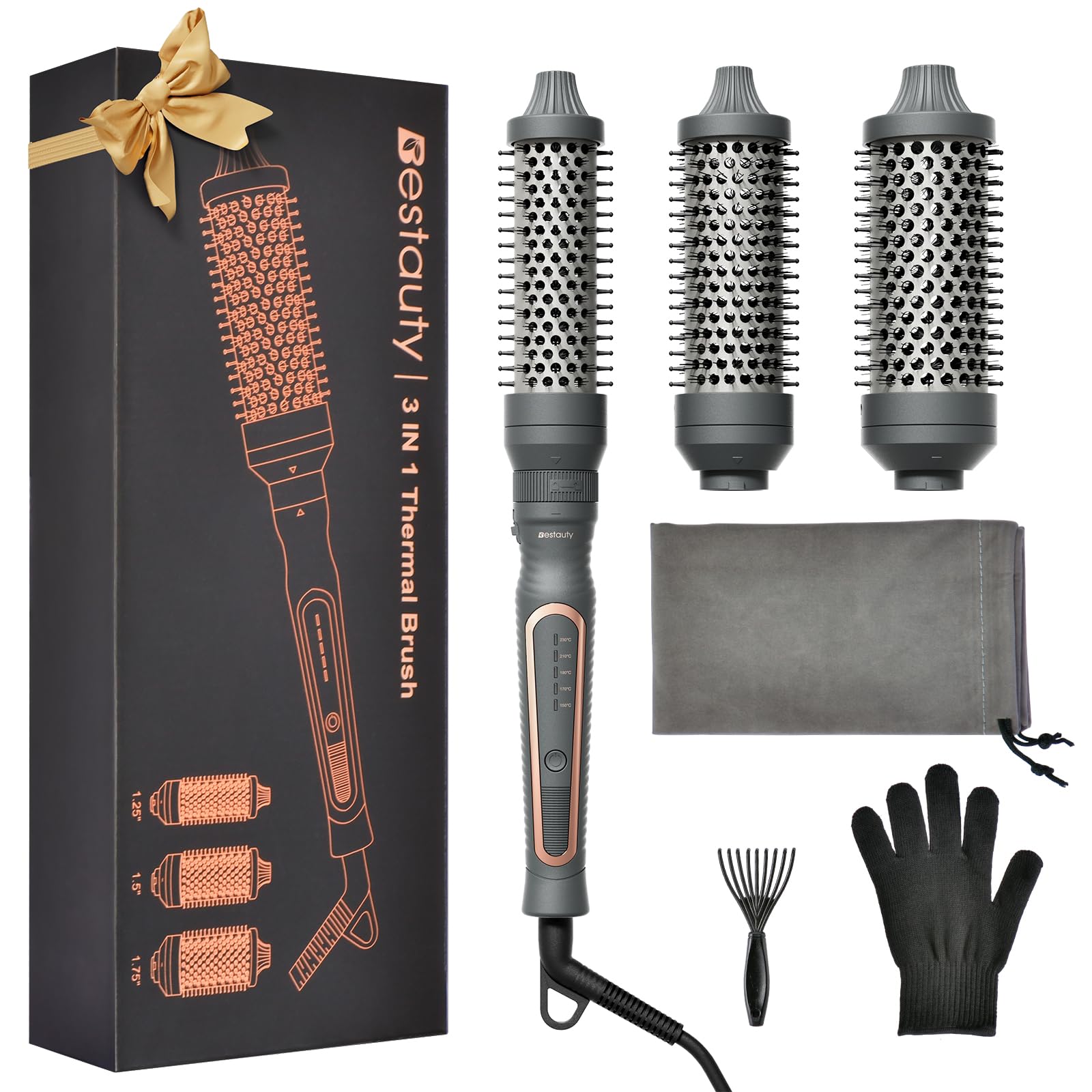Bestauty 3 en 1 Cepillo Térmico, Thermal Brush Intercambiable de 32/38/45mm, 5 Temperaturas 150-230℃ Cepillo Rizador Iónico para Crear Rizos Naturales(Gris)