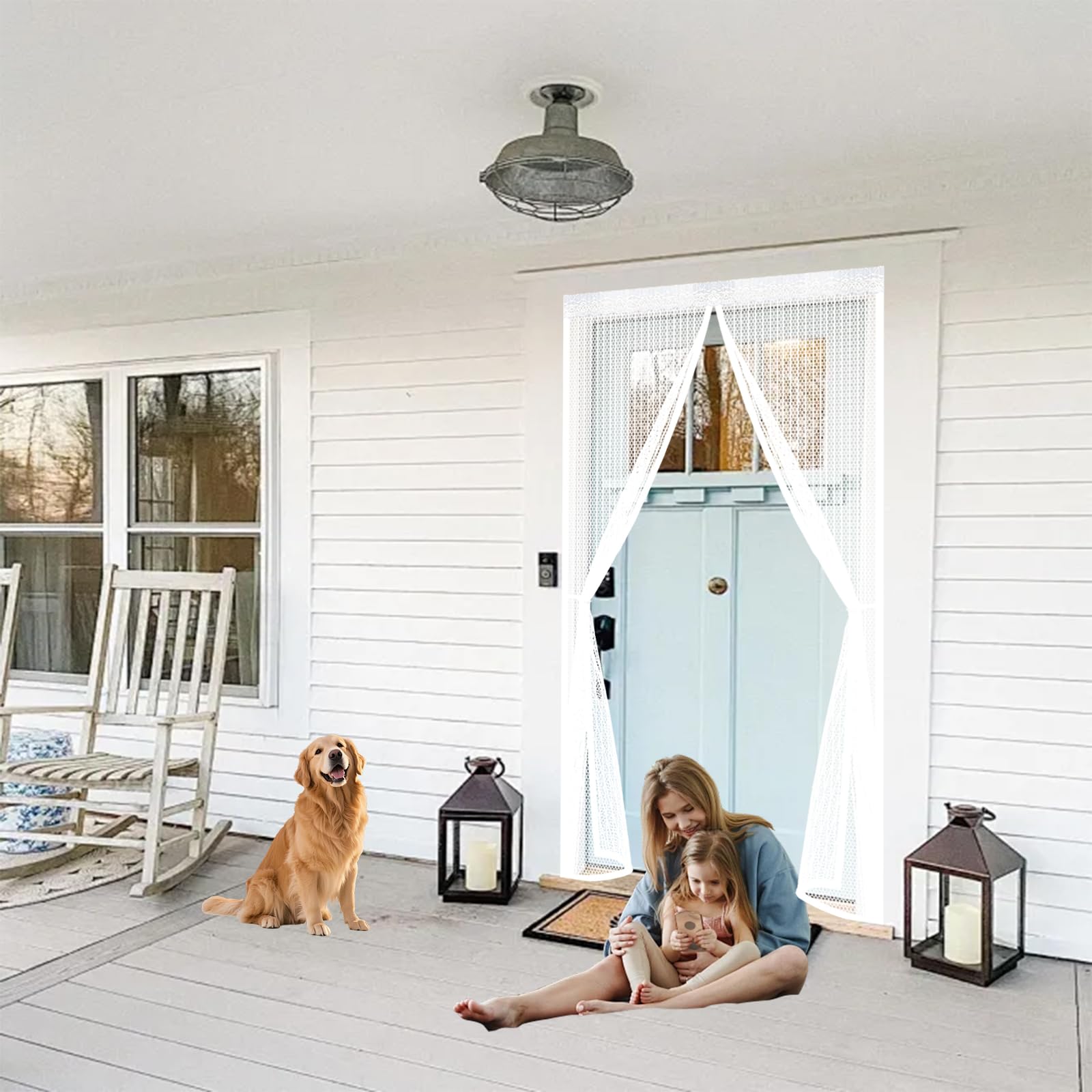 Qenhyun White Mesh Curtain 55 X 205 Cm Keep Bugs Out, Full Frame Magic Tape, Powerful Magnets, Self Sealing, No Drill Installation, Fly Door Screen Mesh For Balcony Bedroom Doors,