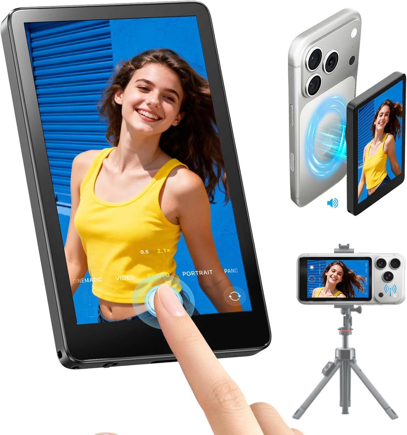 Touch Screen Selfie Monitor for iPhone, Wireless 4K Magnetic Back Camera Monitor, Phone Second Screen with Speaker & Reverse Control for Real-Time Vlogging, Live Streaming & Content Creation