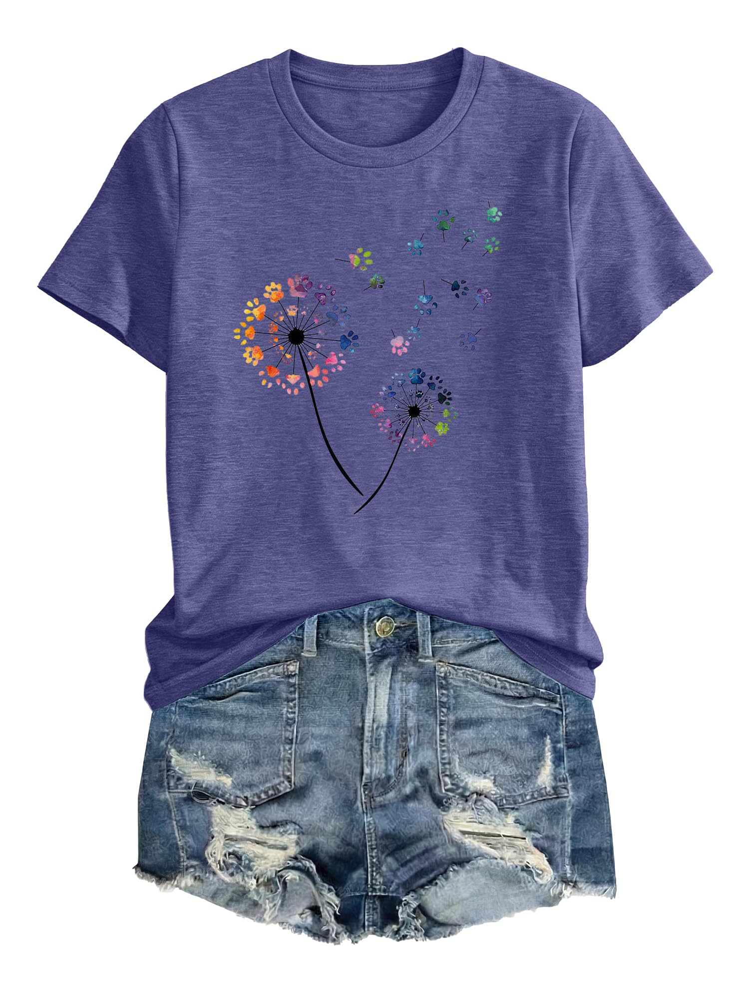 Anbech Women Dandelion Print T Shirts Summer Short Sleeve Graphic Tees | Cute Dandelion Paw Print Tshirt Casual Crewneck Loose Fit Flower T-shirts Teen Girls Colorful Comfy and Soft Daily Wear