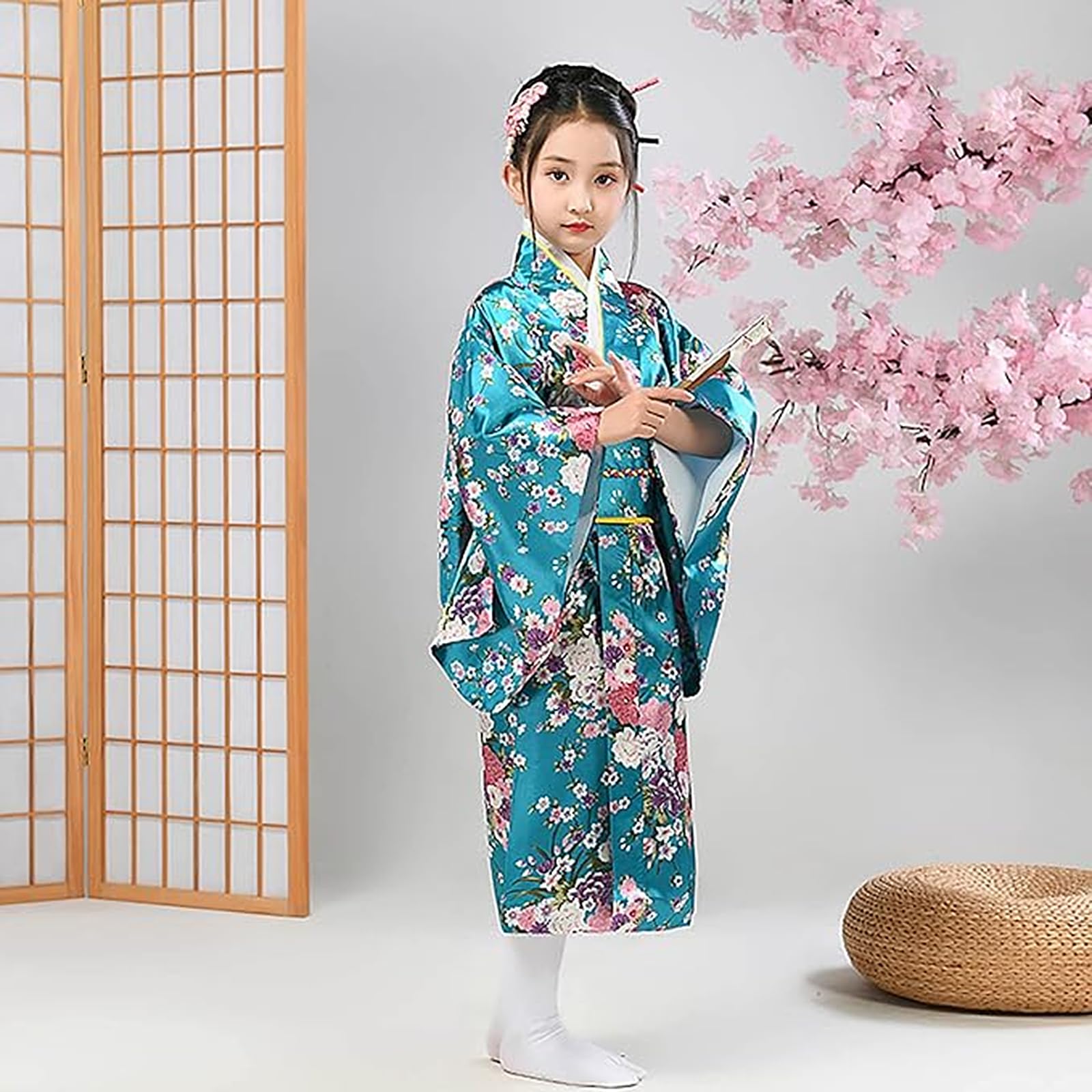 TINAYAUE Kimono Japonais Enfant, Robe de Bain avec Ceinture obi complète pour Photos, Cosplay, Performance Scolaire et Photos, Couleur variés, Taille 100/100/140cm, modèle à Fleurs de Cerisier