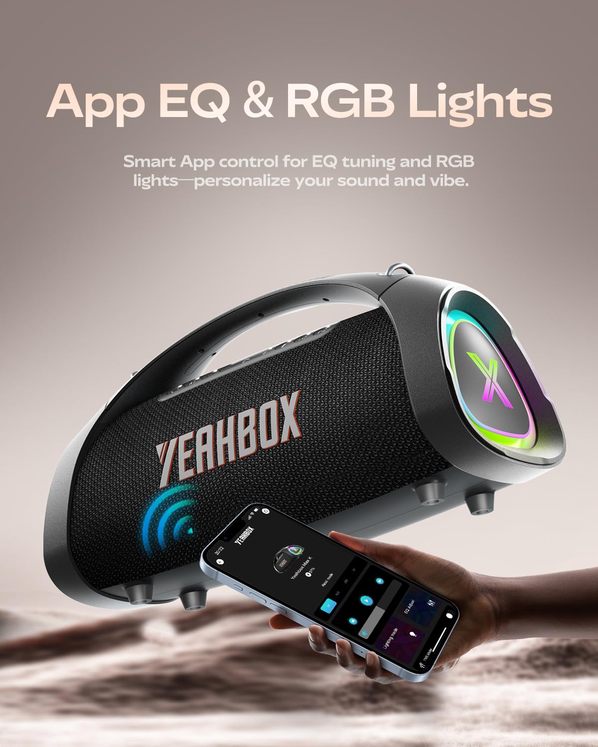 YEAHBOX Sonic Boom Max K, 200W RMS / 300W Peak Bluetooth-Lautsprecher, TriFonic Pro True 3-Wege-HiFi, PulseBass X Oval-Woofer, (Dual kabellose Mikrofone + Fernbedienung mit Reverb), Smart App EQ