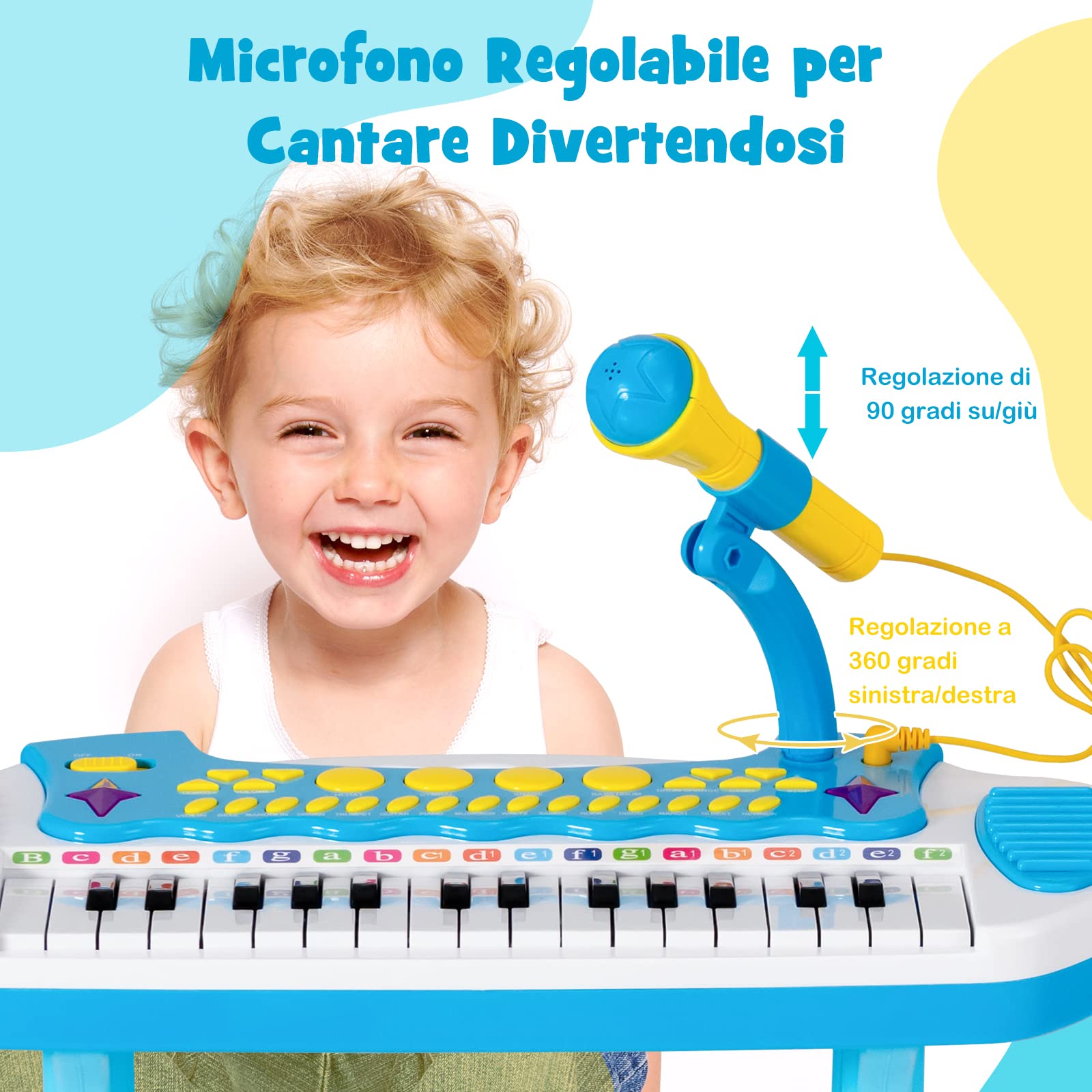 COSTWAY Tastiera Giocattolo a 31 Tasti, Pianoforte Digitale per Bambini, con Microfono Sgabello Luci, Funzioni di Record e Playback, Pianola Bambini con 22 Battiti/8 Toni/7 Ritmi, per 3+ Anni (Blu)