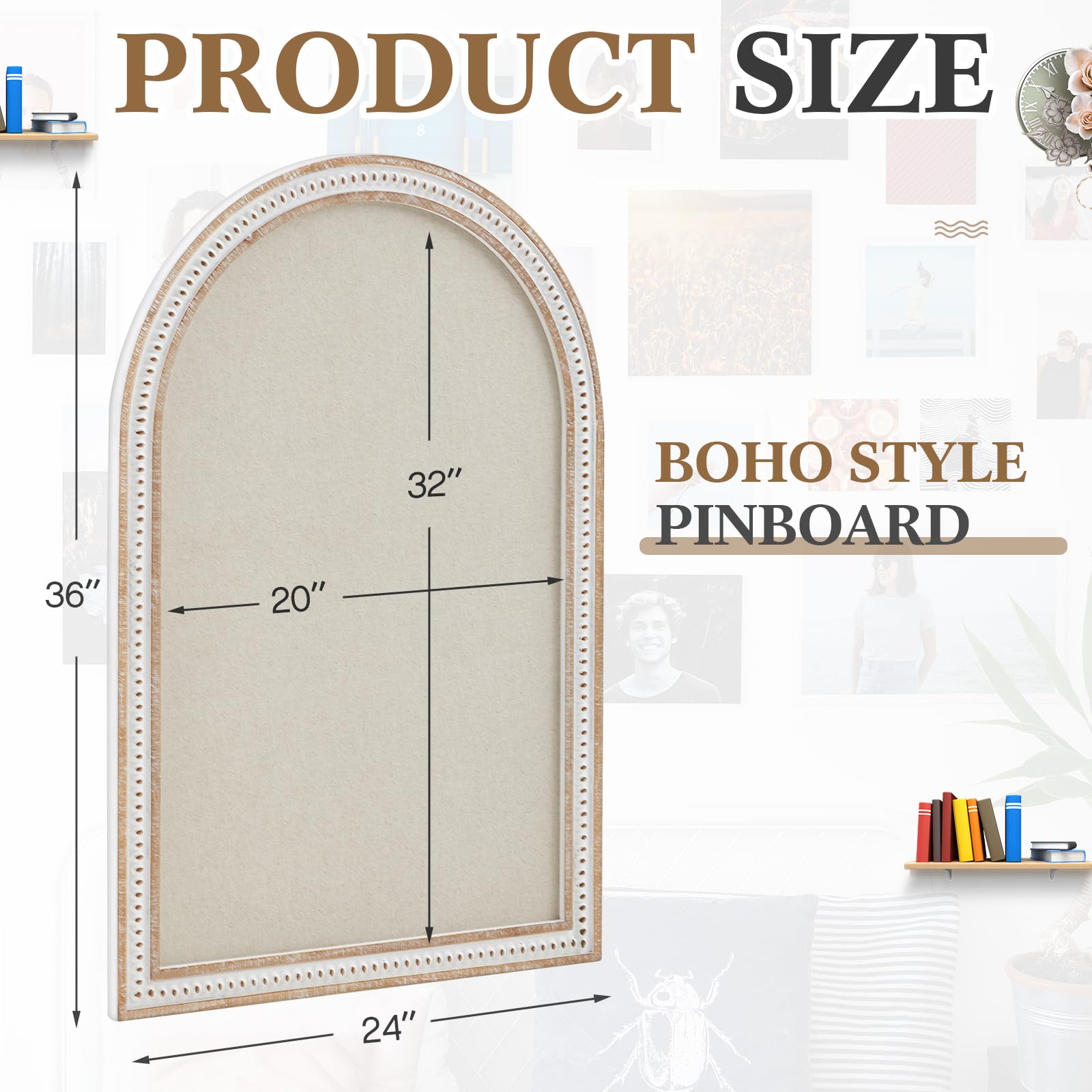 Wonderjune Vintage Bogen gerahmte Pinnwand Leinen Pinnwand Große Stoff Dekorative Pinnwand für Wand Verziertes Bild Memo Display Pinnwand für Home Office Bauernhaus (Weiß, 61 x 91,4 cm, Boho-Bogen)