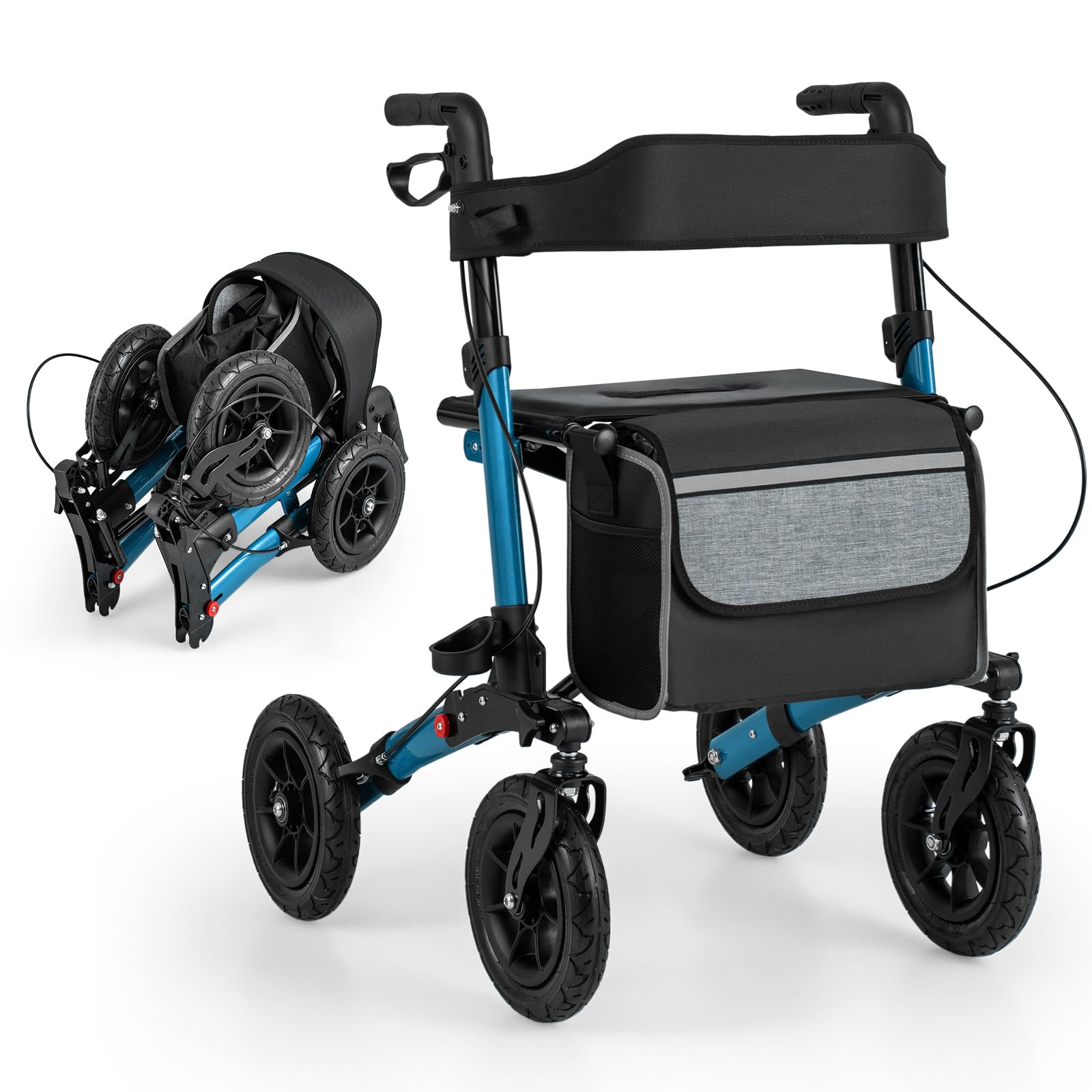 HOMASIS 2 in 1 Deambulatore per Anziani con Seduta, Deambulatore Pieghevole e Regolabile in 7 Altezze, Carrello Rollator in Alluminio per Anziani da Viaggio con Borsa, Fino a 140 kg (Blu)
