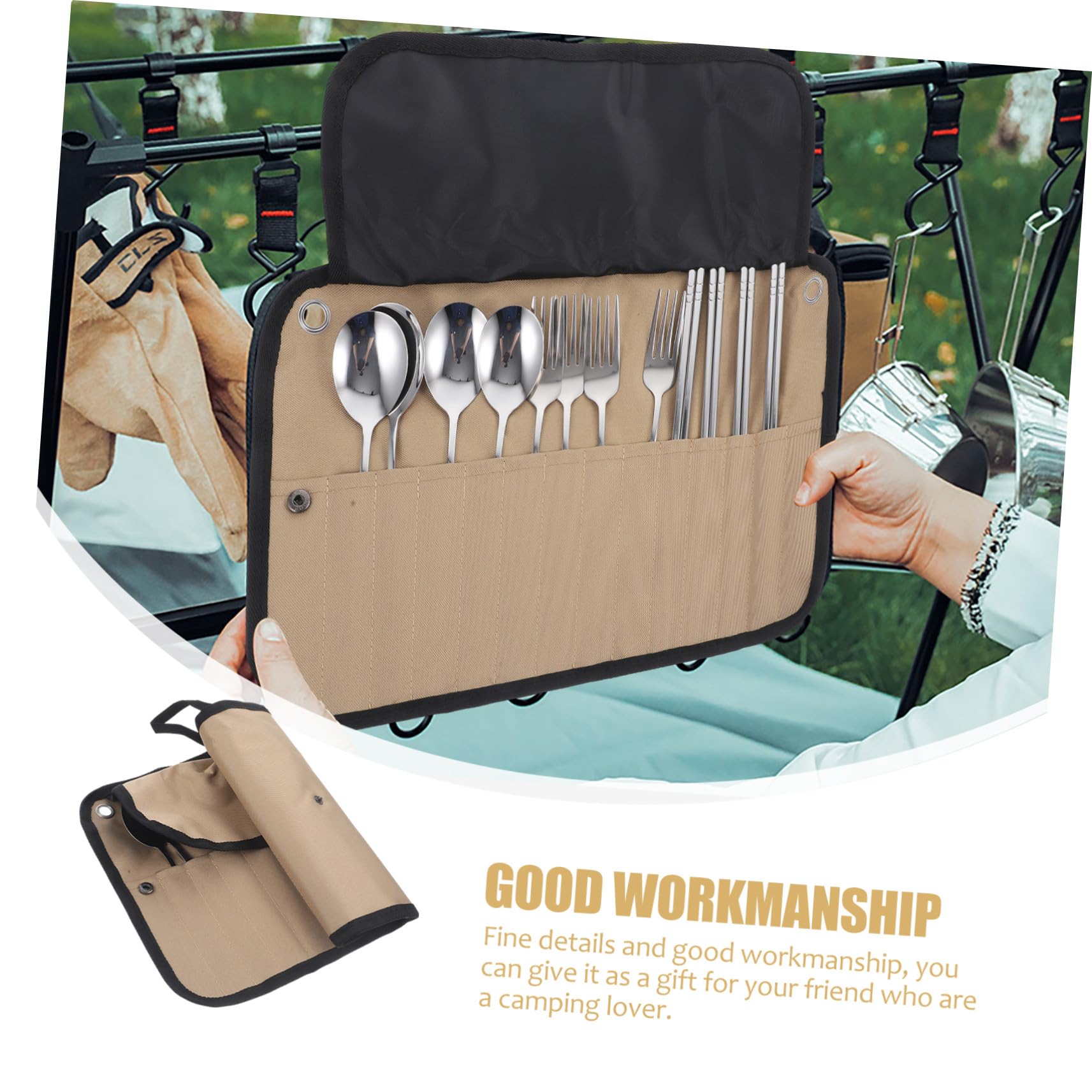 Camping Besteckset mit Besteck und Geschirr für Outdoor Camping Picknick Zubehör und Campingzubehör Besteck in Praktischer Tasche für Sommeratmosphäre
