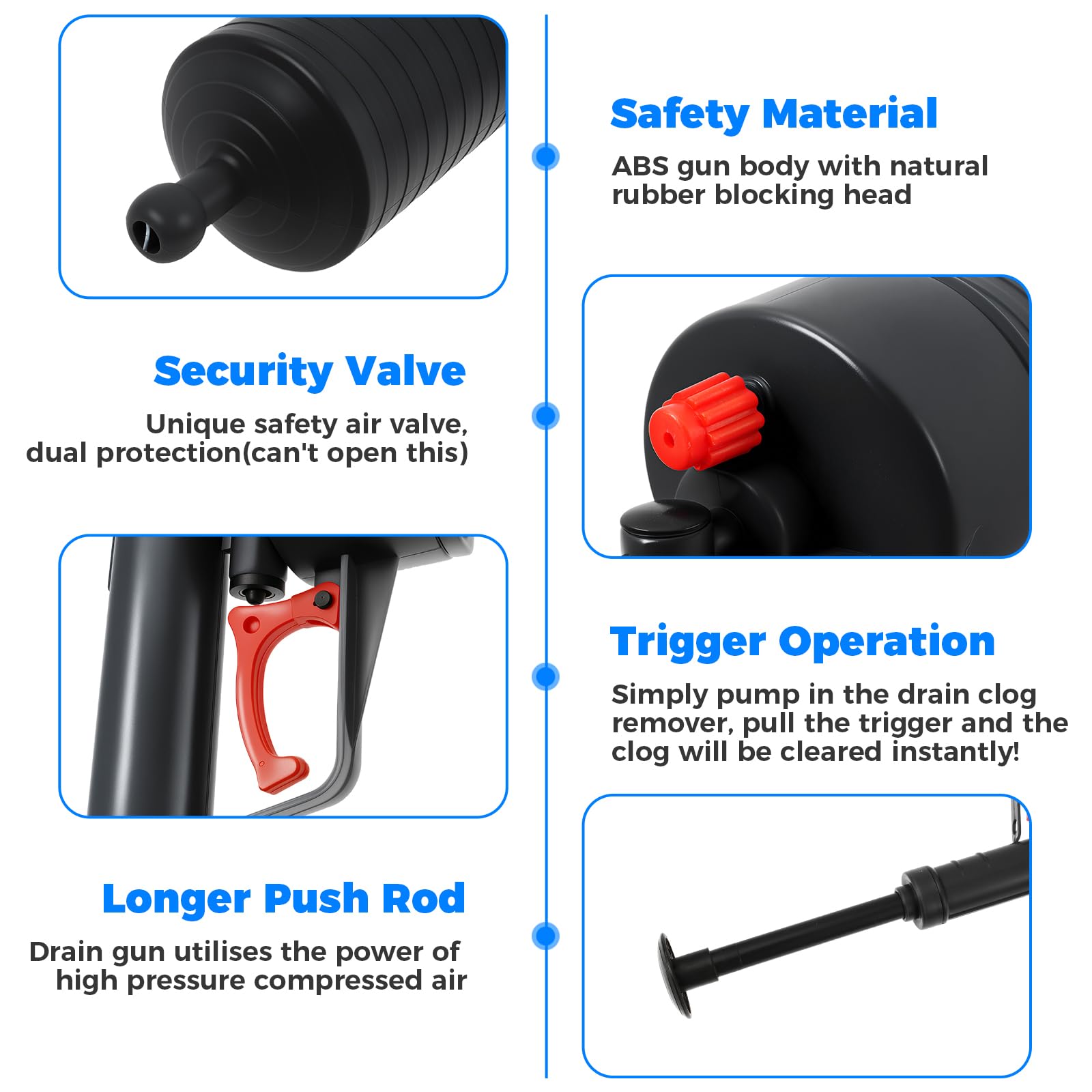 Toilet Plunger with 4 Unclogging Heads, Air Plunger, Toilet Drain Clog Remover, Drain Clog Remover Tool, Pipe Dredging Tools, Sink Plunger for Sink Toilet Bathroom Shower Clogged Pipe(Black)