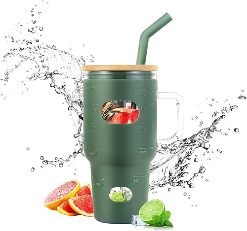 Vaso de vidrio de 32 onzas  Vaso con tapa de bambú y popote  Vaso de café reutilizable con funda de silicona, vaso para batidos Boba  sin BPA disponible en Yaxa Costa Rica