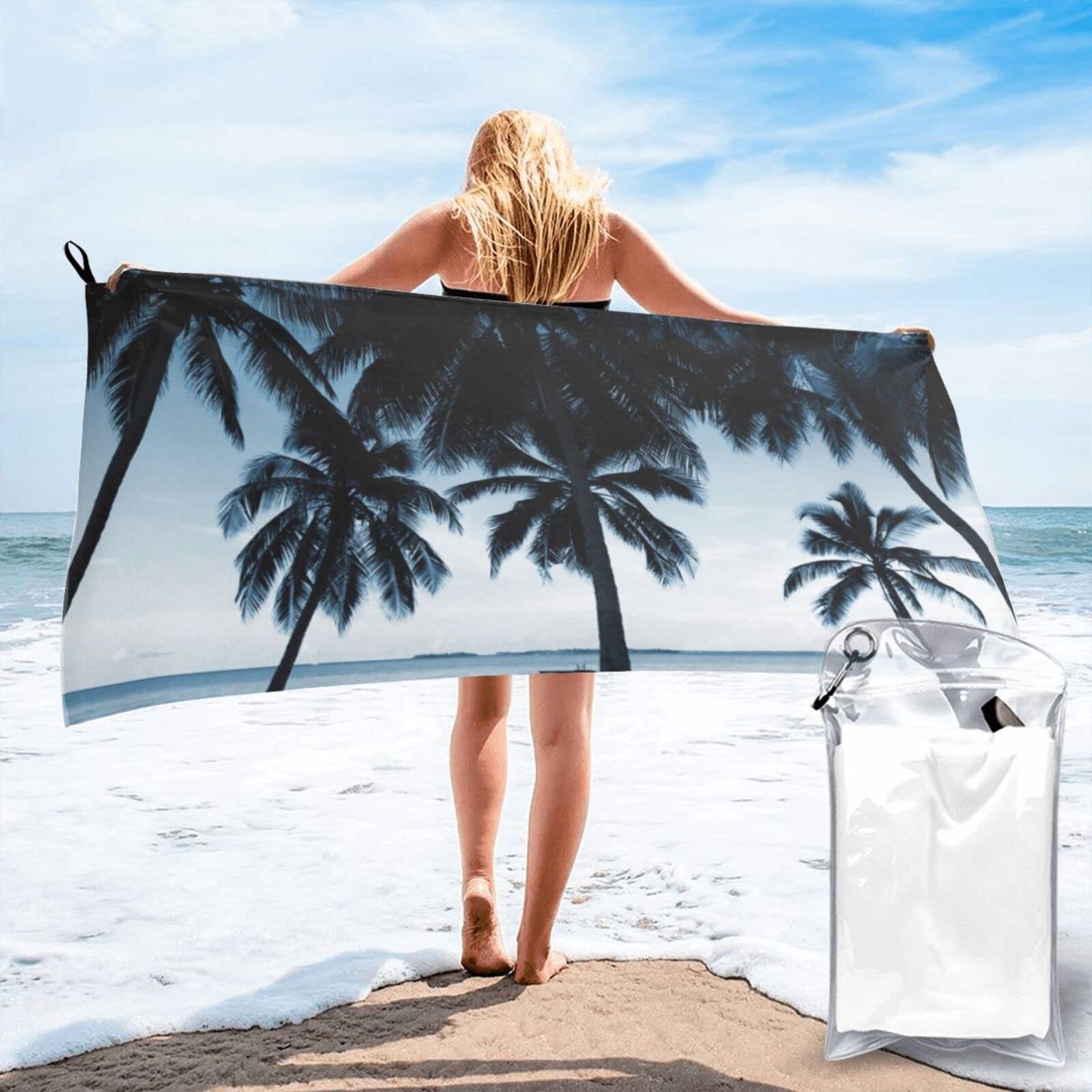 Lawenp Hawaiian Coast Plam Tree Microfiber Beach Towel Adults Large Quick Drying Bath Towel Travel Towels with Pouch 31.5"x63"