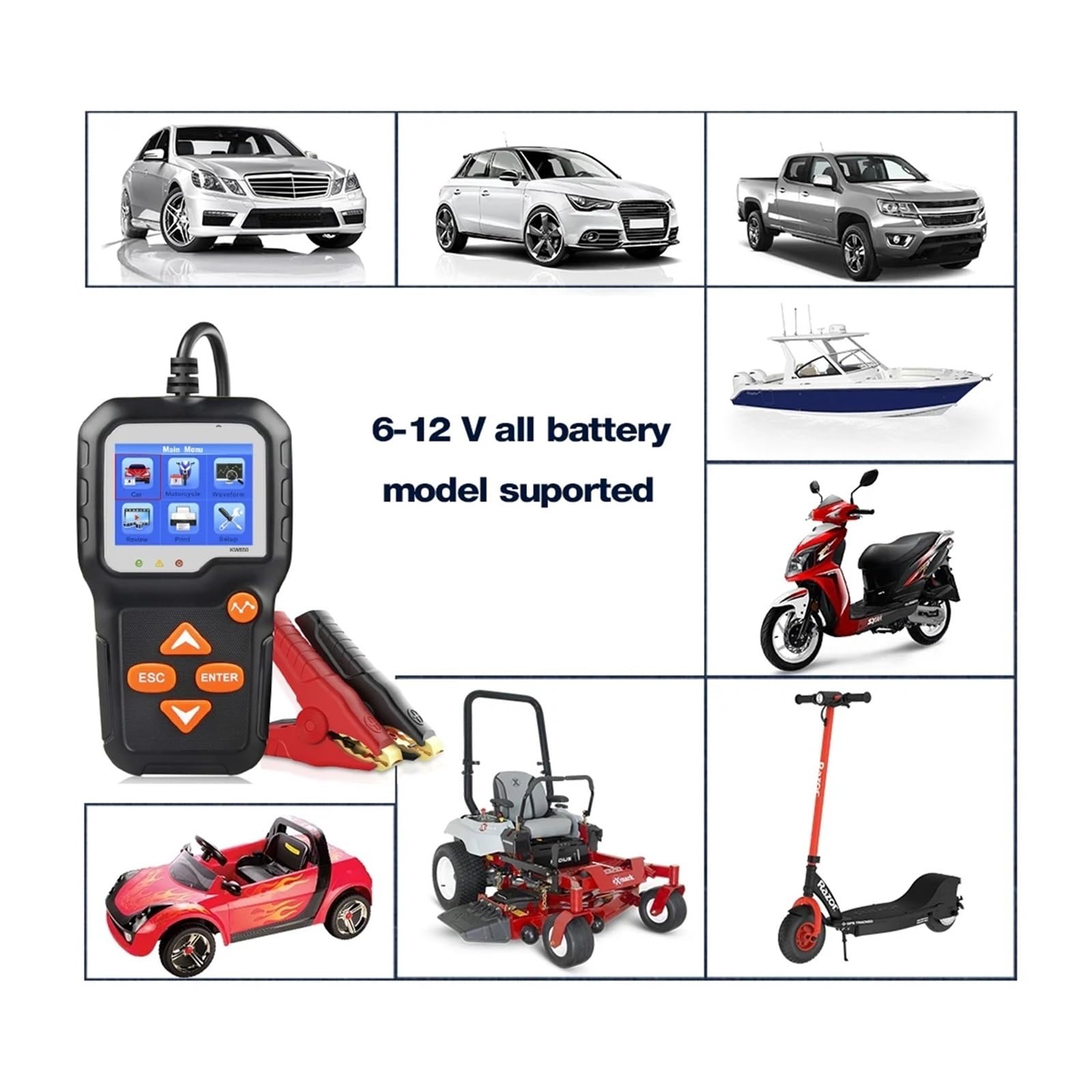 Tester baterii, Tester akumulatora samochodowego motocyklowego 12 V 6 V Analizator systemu akumulatorów 2000CCA Narzędzia do wania rozruchu ładowania samochodu KW650