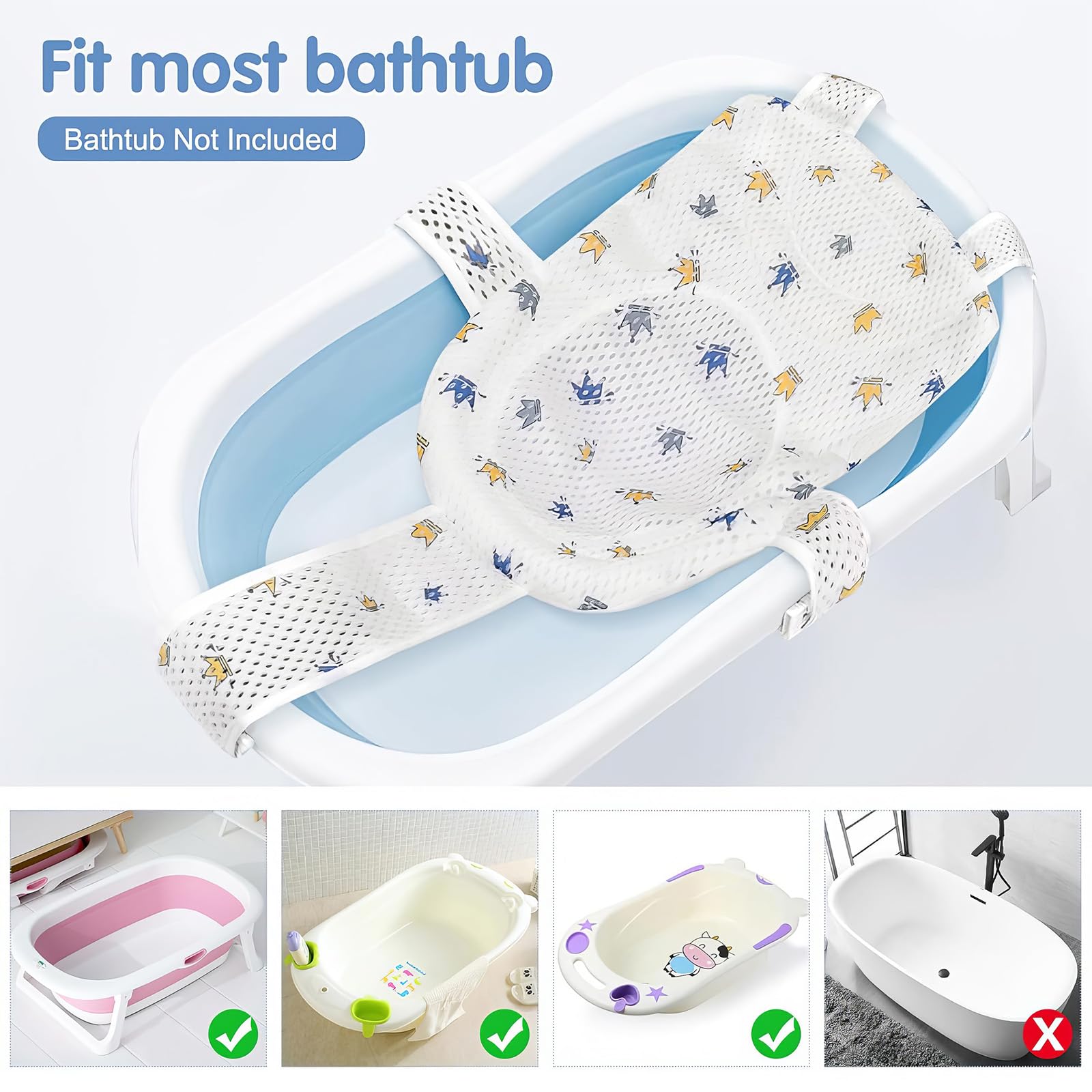 Coussin de Bain pour Bébé, Réducteur de Baignoire, Hamac avec 5 Sangles de Sécurité, Filet Respirant Anti-Glissant