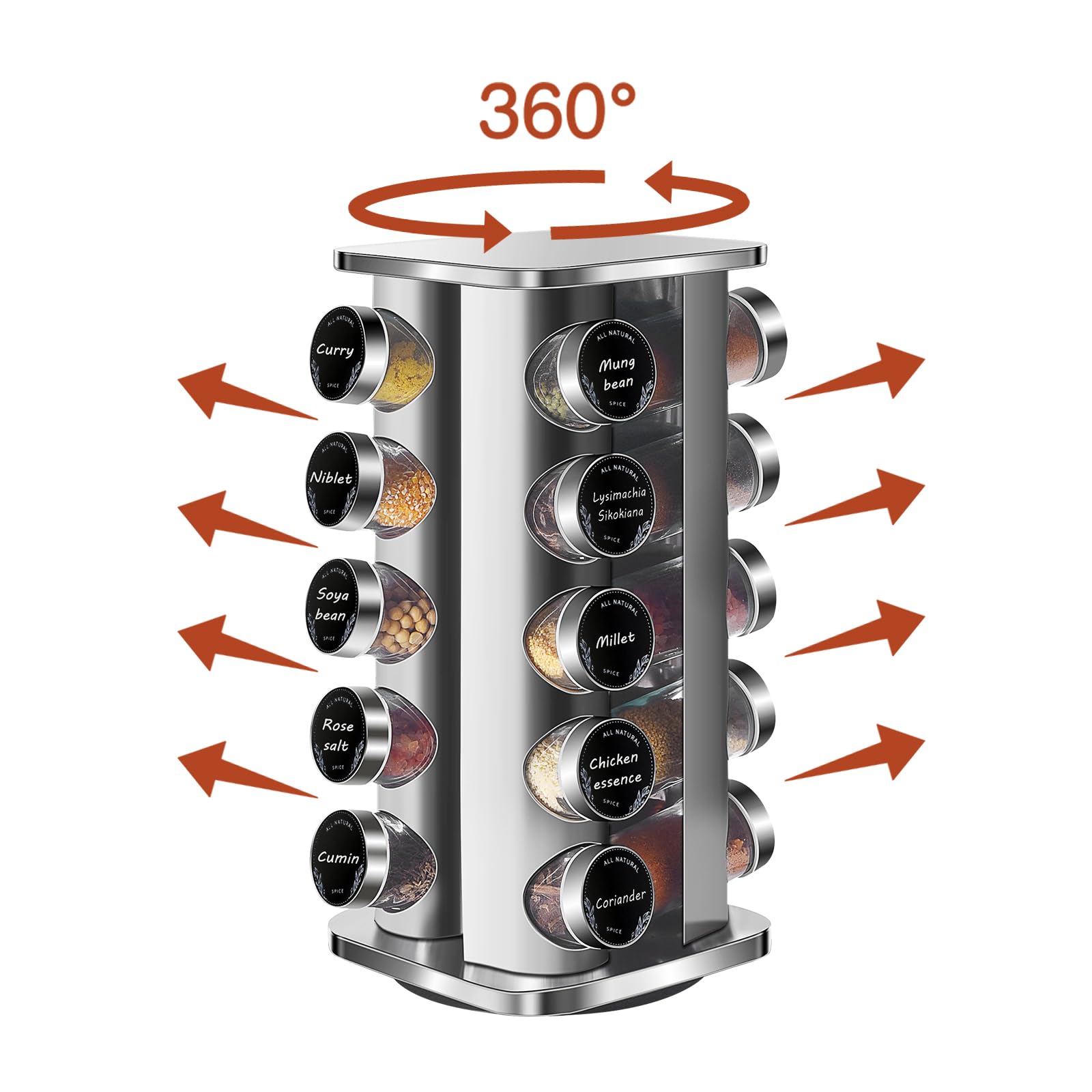 Especieros para Cocina Cuadrado con 20 Botes para Especias,Soportes para Botes de Especias Giratorio 360°-Tarro de Especias con Tapa de Acero Inoxidable,Especieros