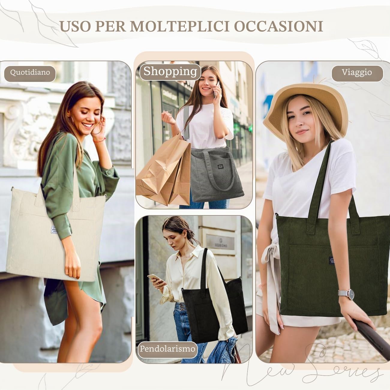 VASCHY Tote Bag, Borsa Donna Grande Borsa Università Donna Velluto a Coste Borsa Mare Borsa da Viaggio/Shopping/Lavoro/Ufficio/Scuola Regalo di Natale