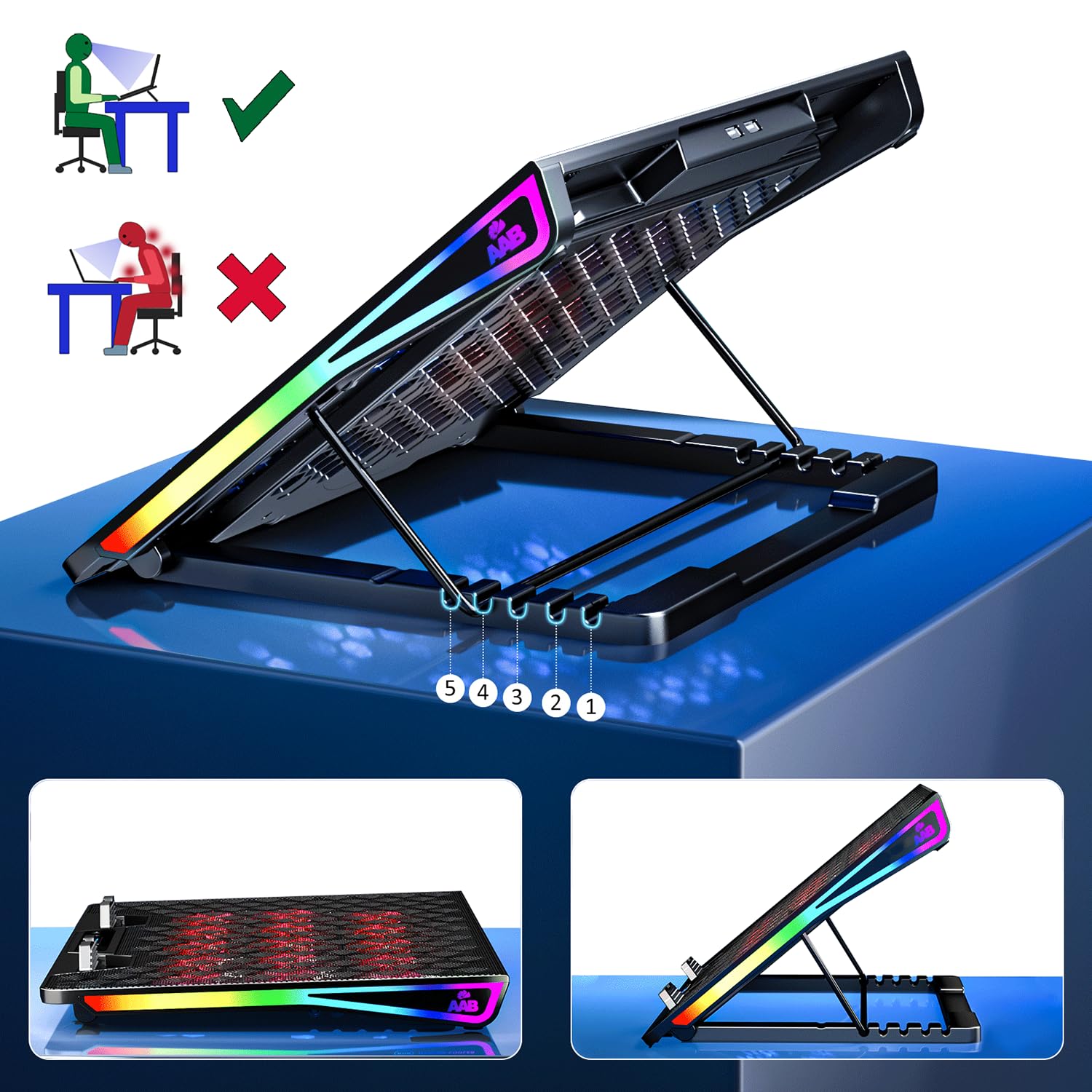 AABCOOLING SPATIUM - Podkładka Chłodząca do Laptopa do Gier 9-17", 15 Cichych, Wydajnych Wentylatorów, Sterowanie LCD, 5-Stopni Nachylenia, 2xUSB, Obudowa z Podświetleniem RGB, Podstawka pod Notebooka