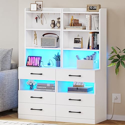 Miniatura 11 de VIAGDO - Juego de 2 mesitas de noche altas con estación de carga y luces led, color negro, con estantería, led, modernas, con 3 cajones y estantes