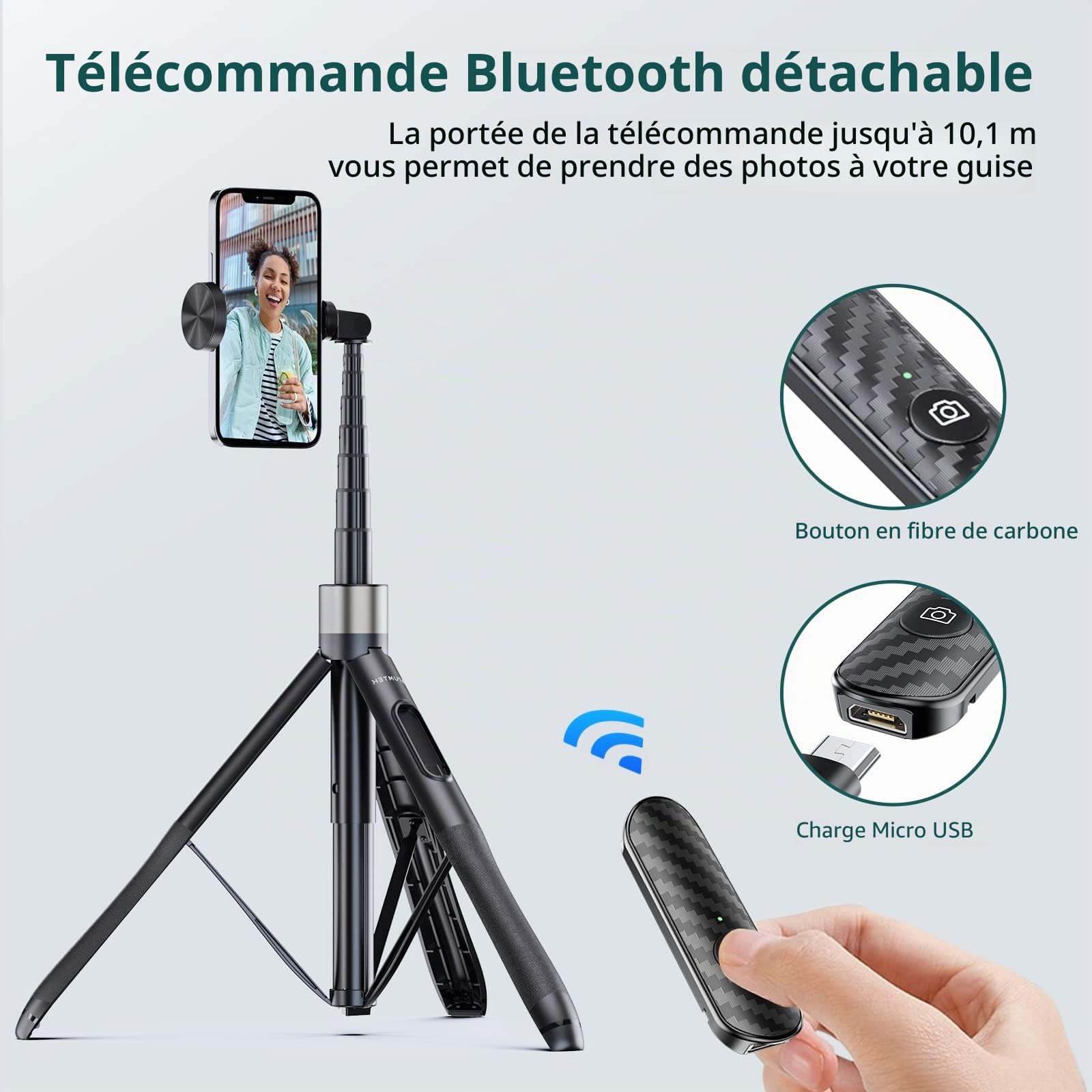 ATUMTEK 165cm Perche Selfie, Perche à Selfie avec Télécommande Bluetooth Amovible, Trepied Smartphone Extensible pour iPhone et Android, Enregistrement Vidéo, Blogage, Streaming en Direct, Noir