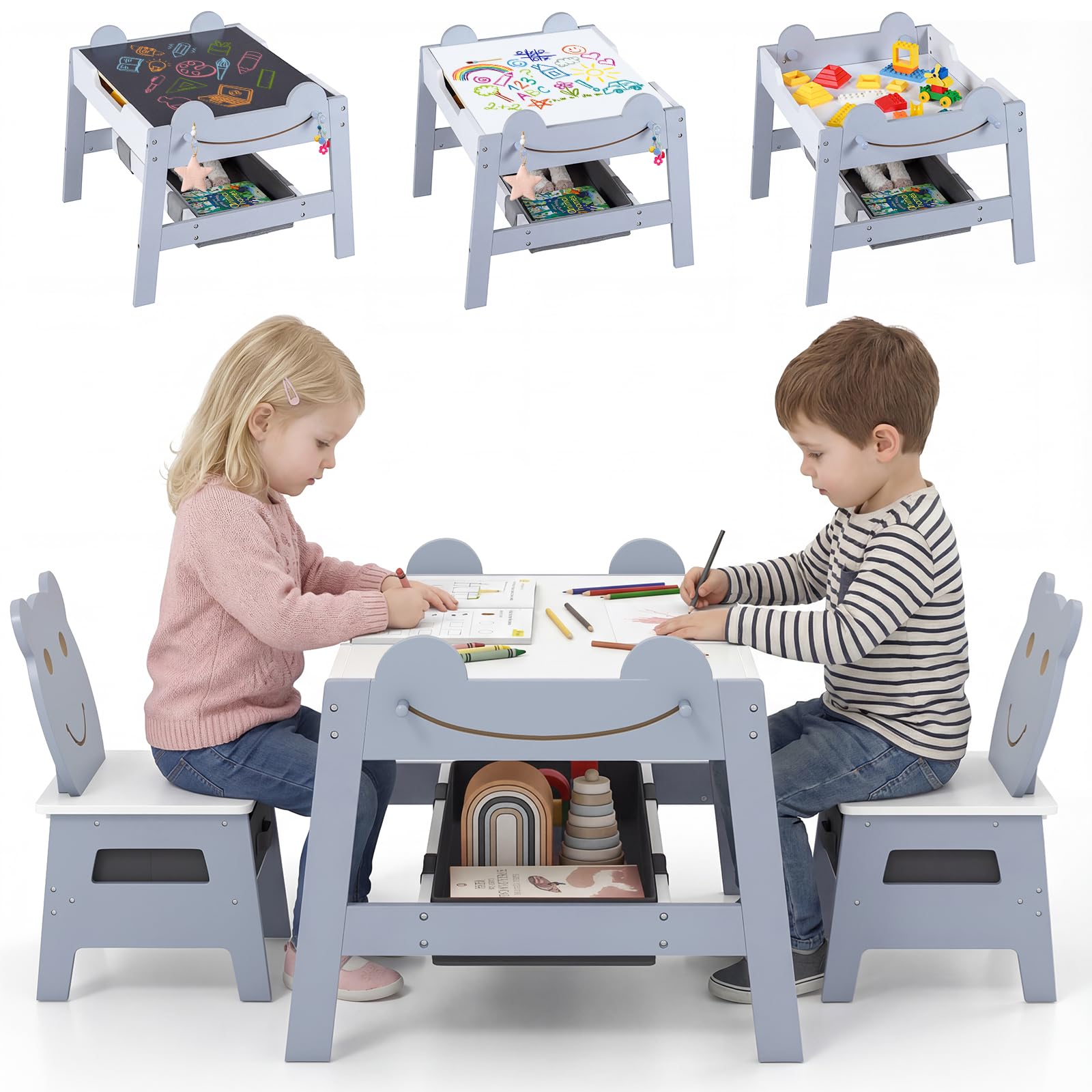 LIFEZEAL Tavolo Bambini con 2 Sediel, Tavolino Legno 5 in 1 con Piano Reversibile Lavagna/Bianco, 4 Ganci, 2 Cassetto in Tessuto, 1 Contenitori, per 3 Anni+ (Grigio, 70 x 60,5 x 50 cm)