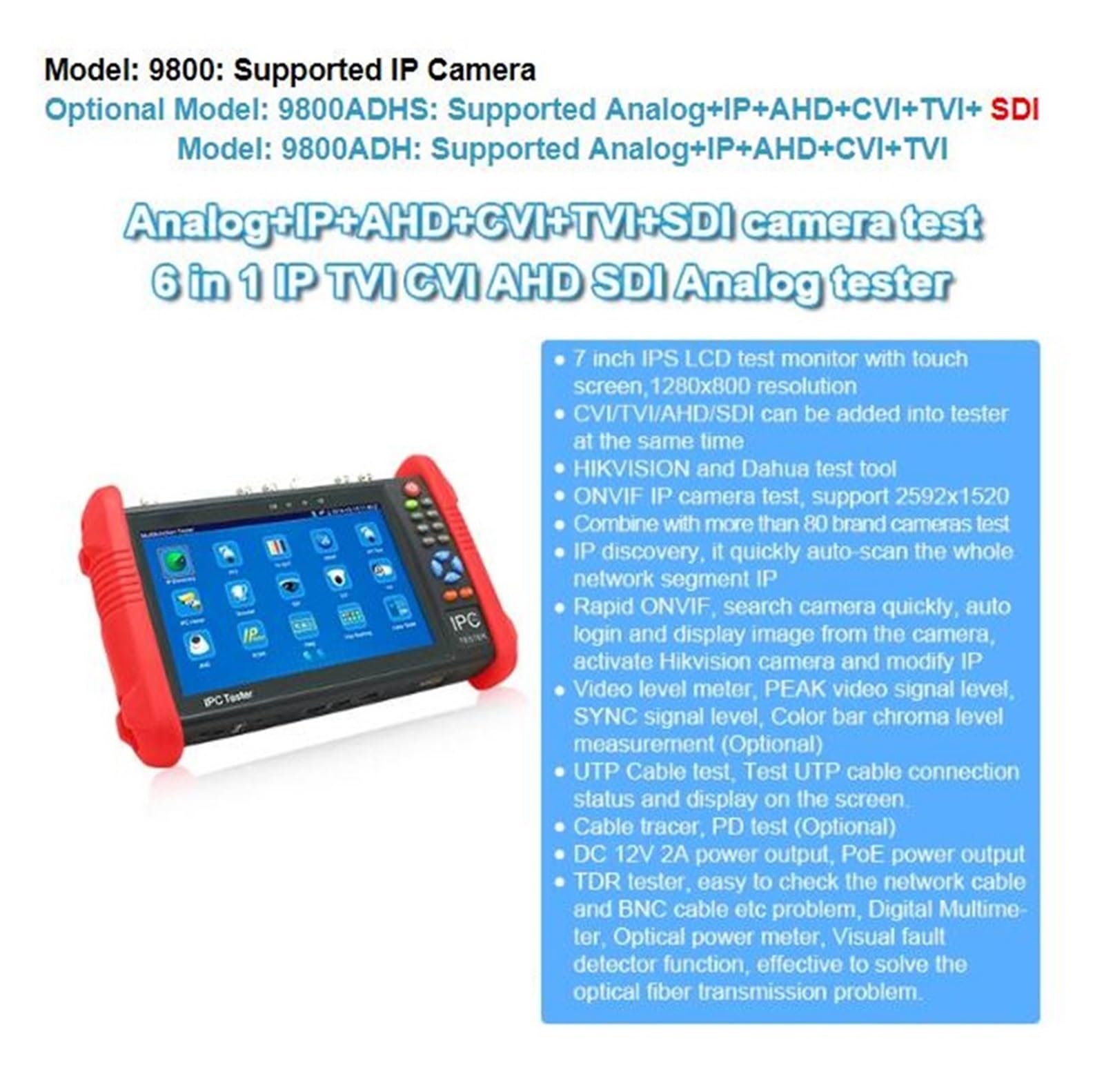 Tester CCTV, 7-calowy Wyświetlacz LCD Tester CCTV Monitor IP Tester Kamery Analogowej Sterowanie PTZ POE, Monitor Testowy Cctv, Monitor CCTV,Lekki(IPC9800ADH)