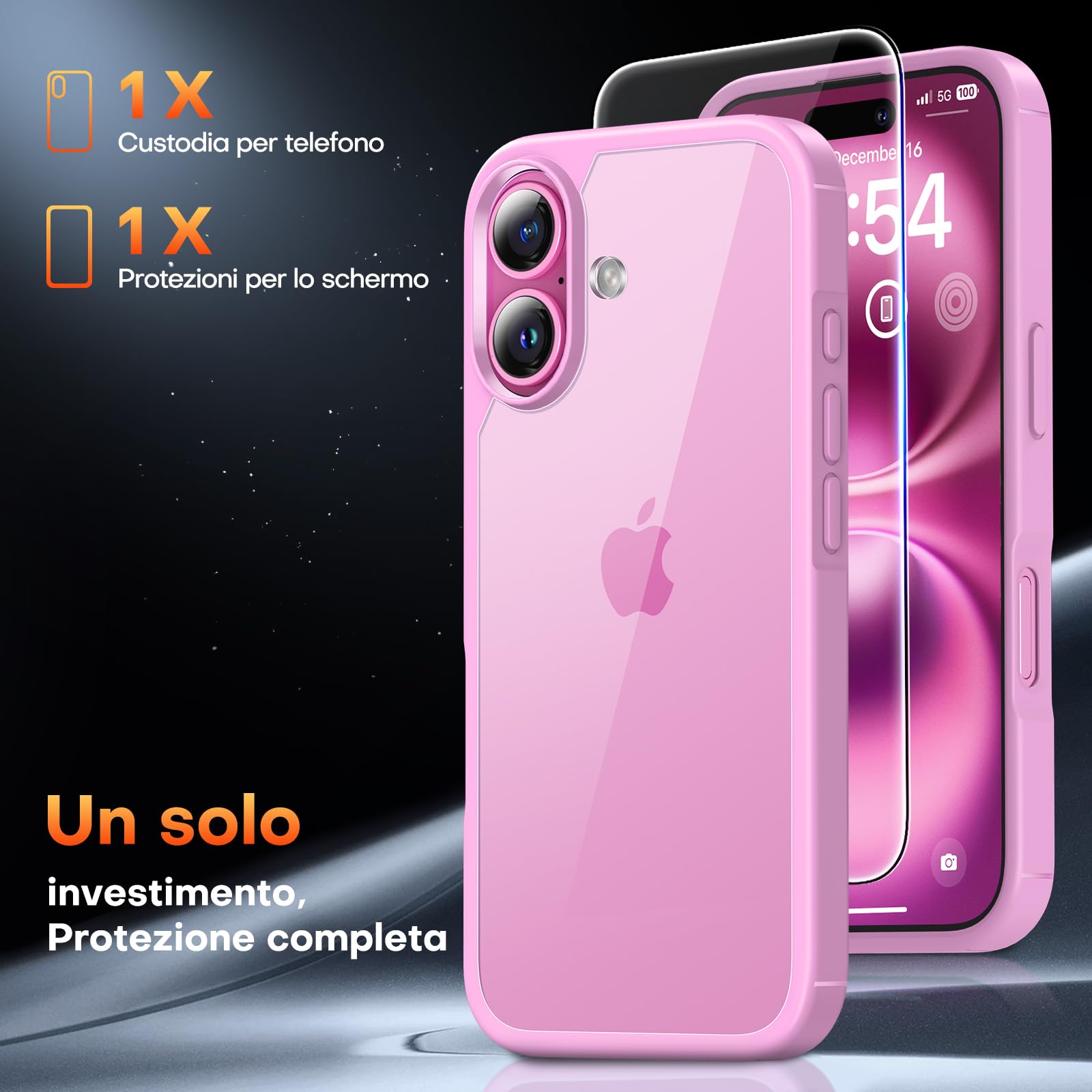 TAURI Cover per iPhone 16 con Pellicola in Vetro Temperato,Trasparente Custodia per Sottile Anticaduta - Rosa Viola