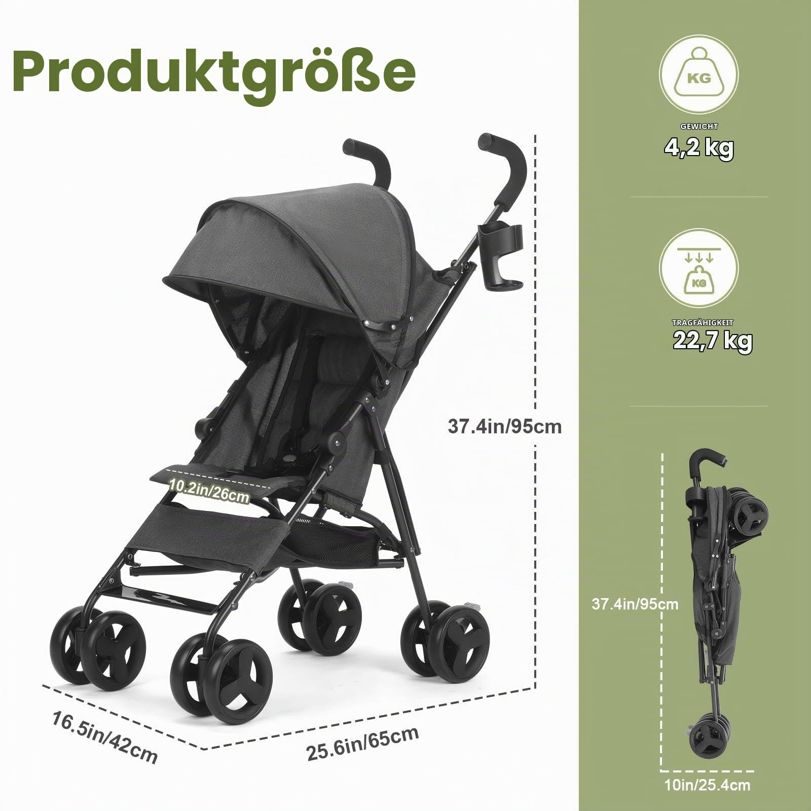 Kinderwagen, Reisekinderwagen mit faltbarem Kinderwagen mit verstellbarem Verdeck, zusammenklappbarer Kinderwagen für Neugeborene mit Aufbewahrungskorb, Getränkehalter, Rädern für Kleinkinder