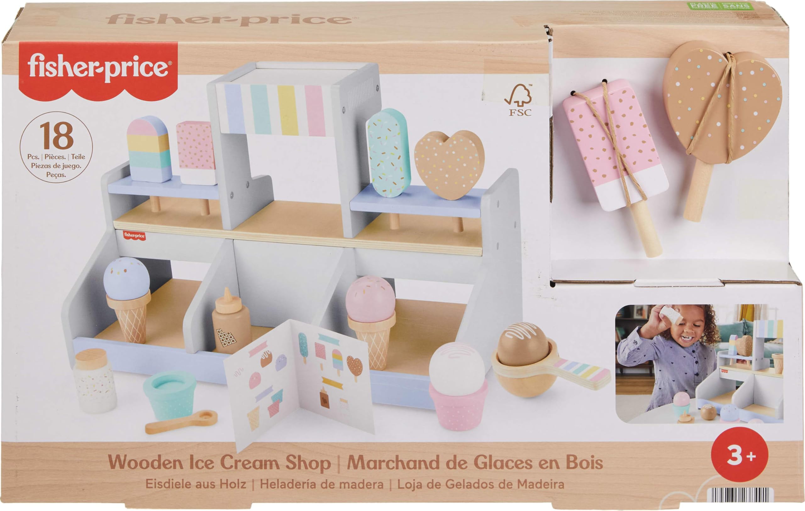 Fisher-Price Drewniana lodziarnia Zestaw z 18 elementami do zabawy w naśladowanie Drewniana zabawka dla 3 latków i starszych maluchów, HXV21