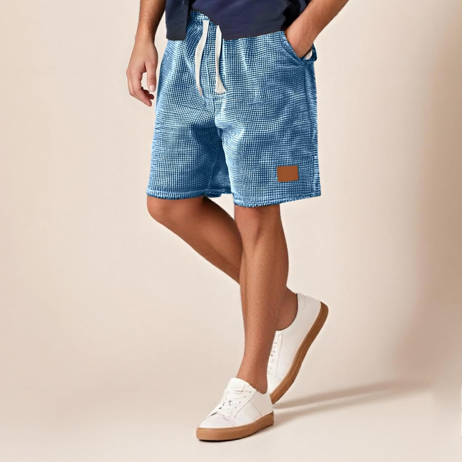 Hawyet Waffle Shorts for Men Elastic Waist Drawstring Summer Casual Beach Shorts Jacquard Fabric Streetwear Trunks