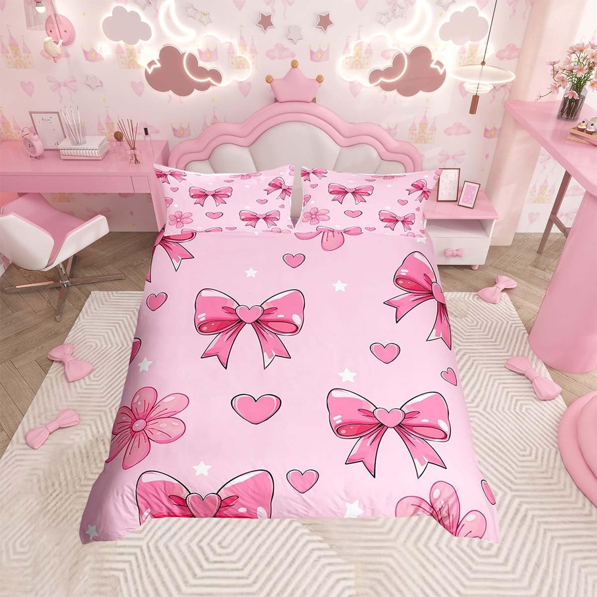 Homemissing Pink Bow Tie Duvet Cover Set Boys Girls Pink Bow Bedding Set Single Size Breathable Soft Flower Star Print Duvet Cover with 1 Pillowcase Love Heart Bowknot Bedding