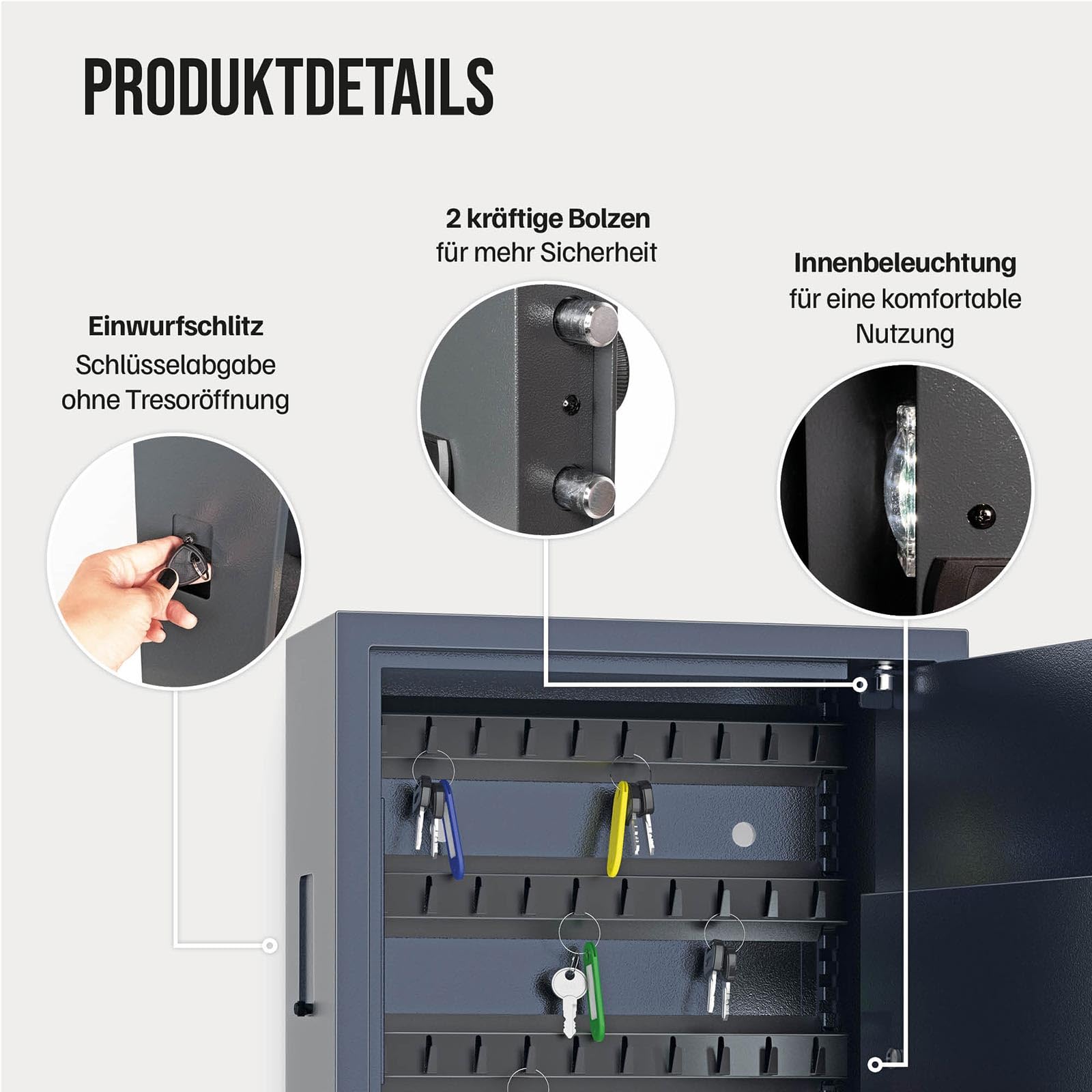 Profirst Schlüsseltresor LockGuard 50 Stahl Elektronikschloss LED Beleuchtung mechanische Notöffnung 5 verstellbare Hakenleisten 50 Haken Einwurfschlitz Innenbeleuchtung inkl. Befestigungsmaterial 50