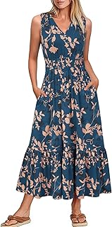 Newshows Summer Dress Women's V Neck Sleeveless A Line Summer Dress Beach Dress Midi Dress with Pockets