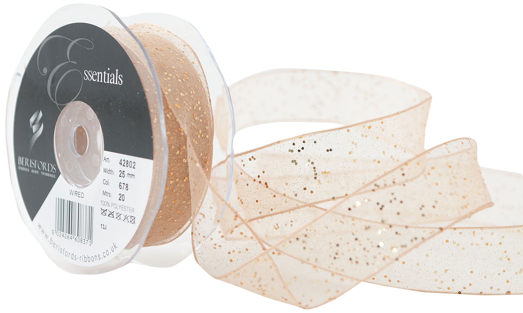 Berisfords 25 mm Random Glitter Wire Edge Ribbon, Honey Gold