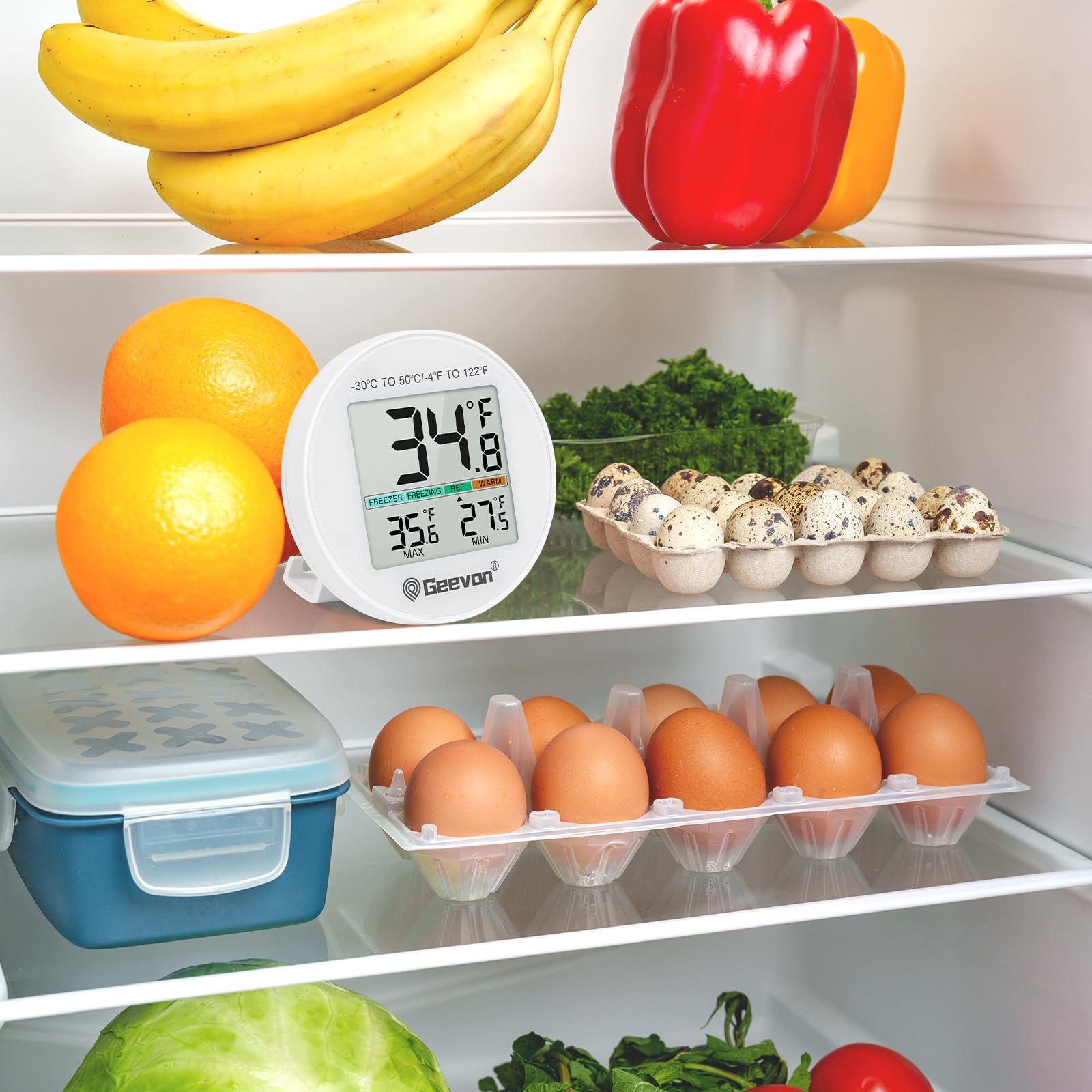Geevon Termómetro para nevera, mini LCD digital, IP65 impermeable, función de indicador de temperatura del refrigerador, parte trasera magnética de soporte, registro mínimo máximo, termómetros de