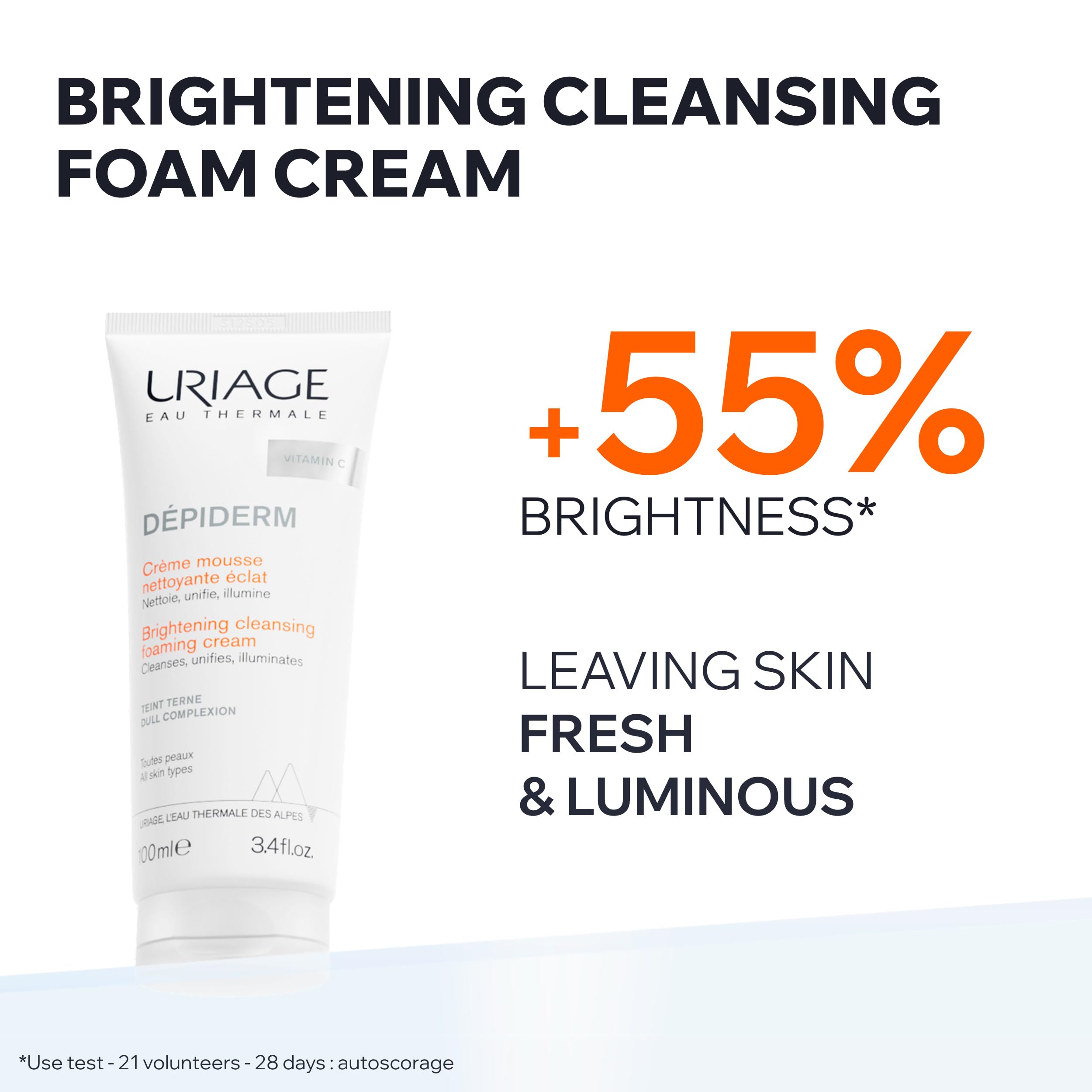 Uriage Depiderm Mousse Detergente Illuminante con Vitamina C Stabilizzata e Niacinamide - Correzione e prevenzione delle macchie scure. La pelle è detersa e luminosa
