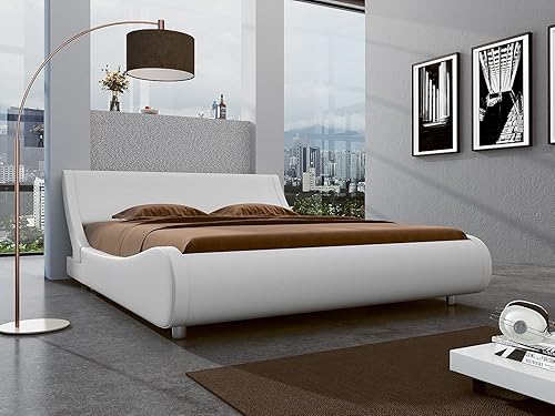 Miniatura 8 de SHA CERLIN Moderna base de cama de perfil bajo tamaño matrimonial, elegante cama tapizada de piel sintética con cabecera ajustable, no necesita