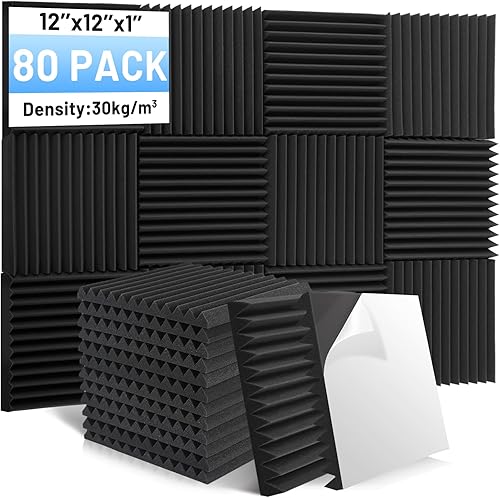 Focusound Paquete de 80 paneles de espuma acústica a prueba de sonido, paneles de espuma acústica de 1 x 12 x 12 pulgadas con paneles de cuña