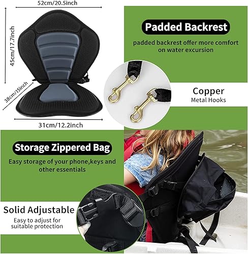 Miniatura 3 de Vashly Asiento de kayak, asiento universal desmontable para kayak, asientos de canoa con bolsa de almacenamiento desmontable, cojín de asiento de