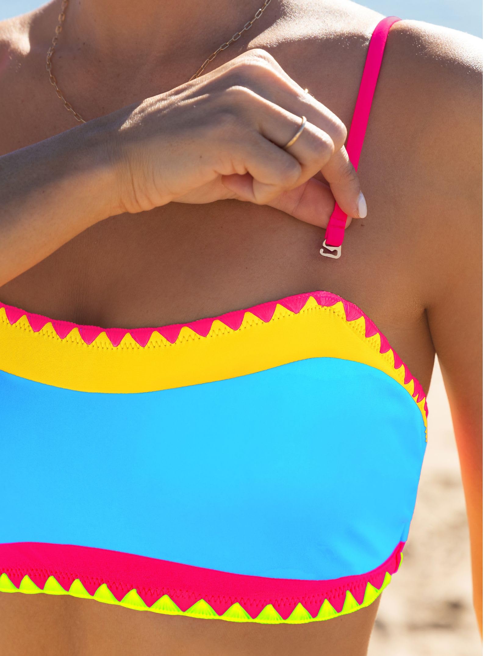 popvil Ensemble bikini sans bretelles pour femme - Couleurs fluo - Bandeau - Maillot de bain deux pièces pour vacances à la plage 2025