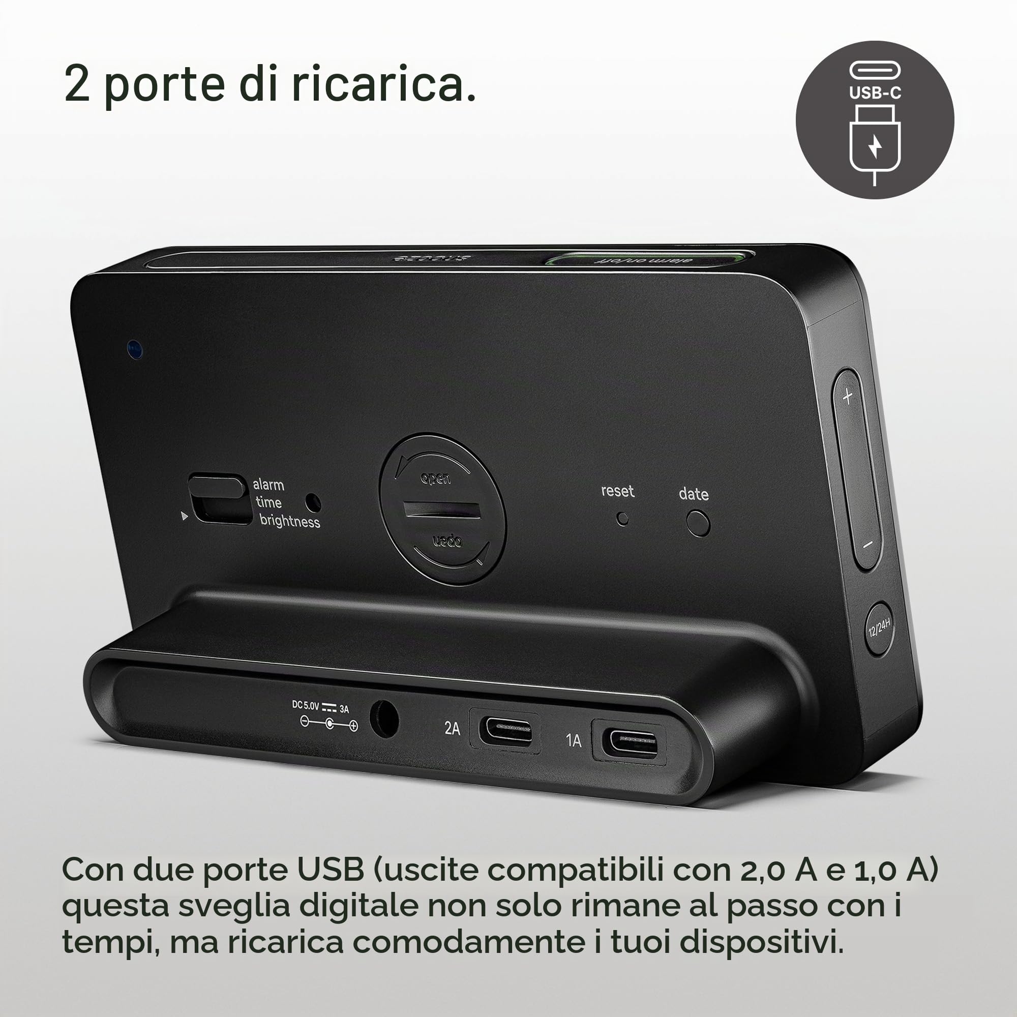 Braun Sveglia digitale display LCD, 2 porte USB-C per caricare altri dispositivi, visualizzazione di ora e data, Touch Snooze, impostazione rapida, in nero, modello BC20B.