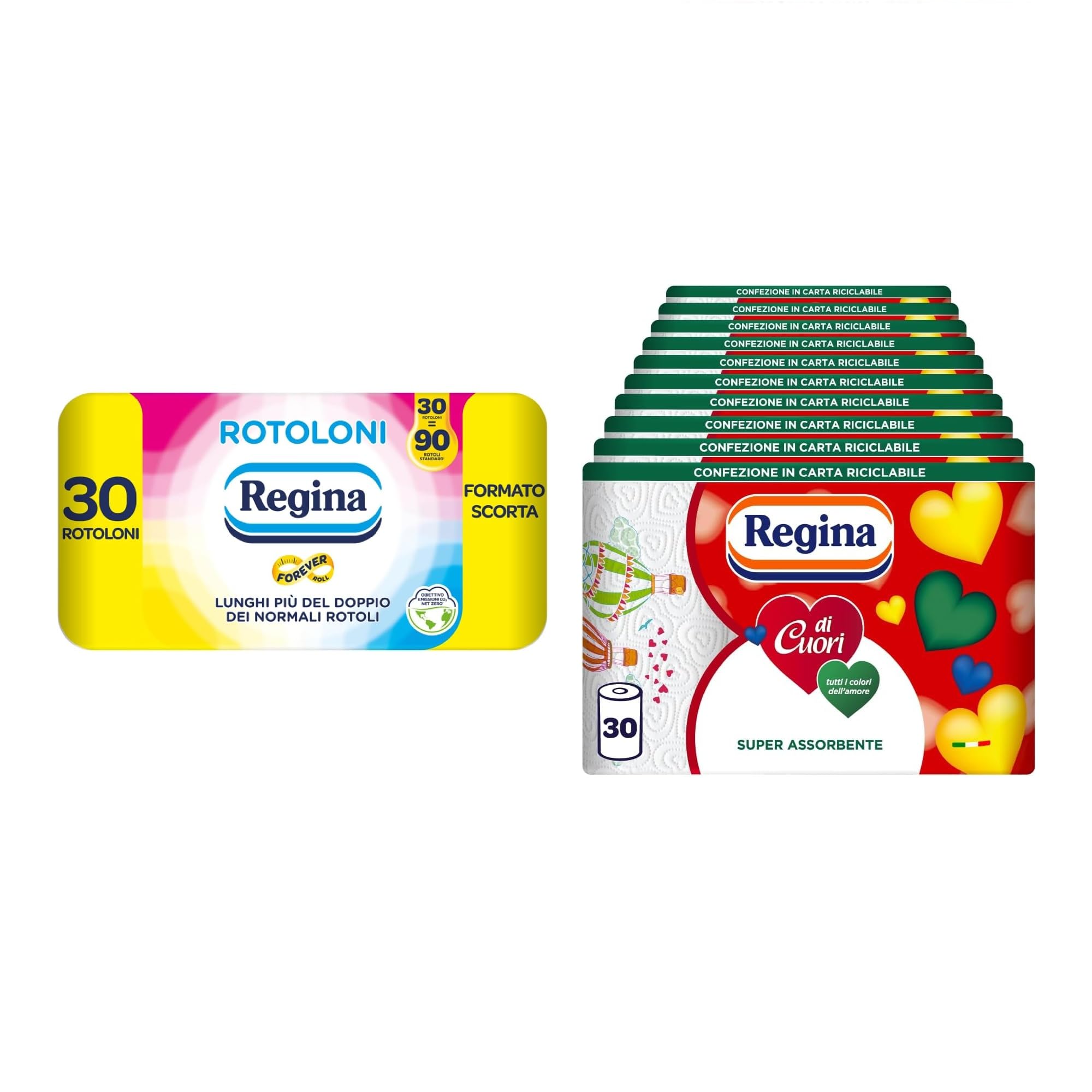 Regina 30 Rotoloni di Carta Igienica + 30 Rotoli Carta Cucina di Cuori | 500 Fogli a 2 Veli, Lunghi Più del Doppio dei Normali Rotoli e 50 Fogli a 2 Veli, Grande Assorbenza, Spessa e Resistente