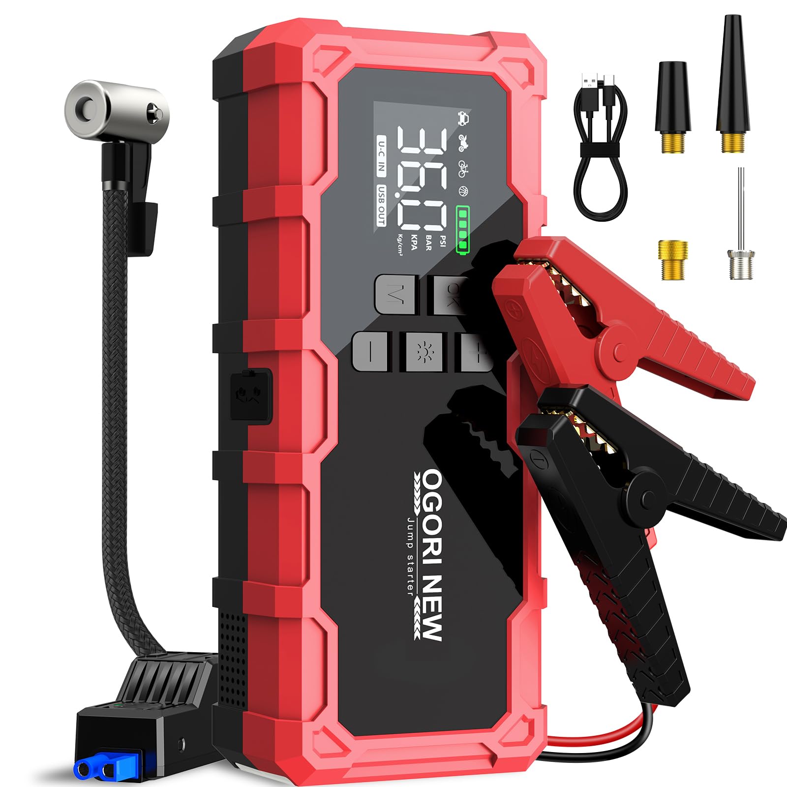 Arrancador de Baterias de Coche 7000A,Compresor Aire portatil 150 PSI,Arrancador de Coche 12V(para 10L de Gasolina o 8L de Diésel) con Pinzas de Seguridad Inteligentes y luz LED