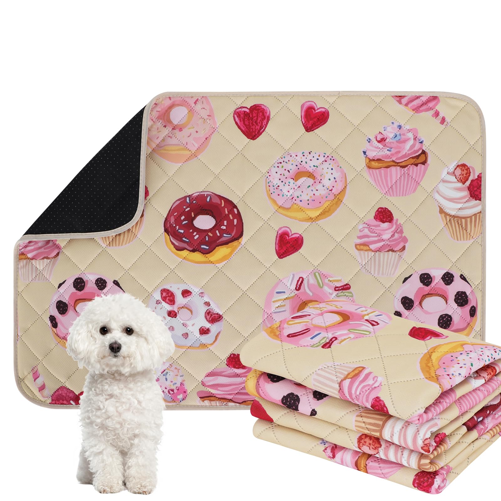 IEUUMLER Washable Pee Pads for Dogs, 2 Pack Cake Pattern Reusable Waterproof Puppy Potty Pads, Non-Slip Absorbent Pet Training Pads for Playpen Crate Bed EU015 Beige Cake, 60x60cm