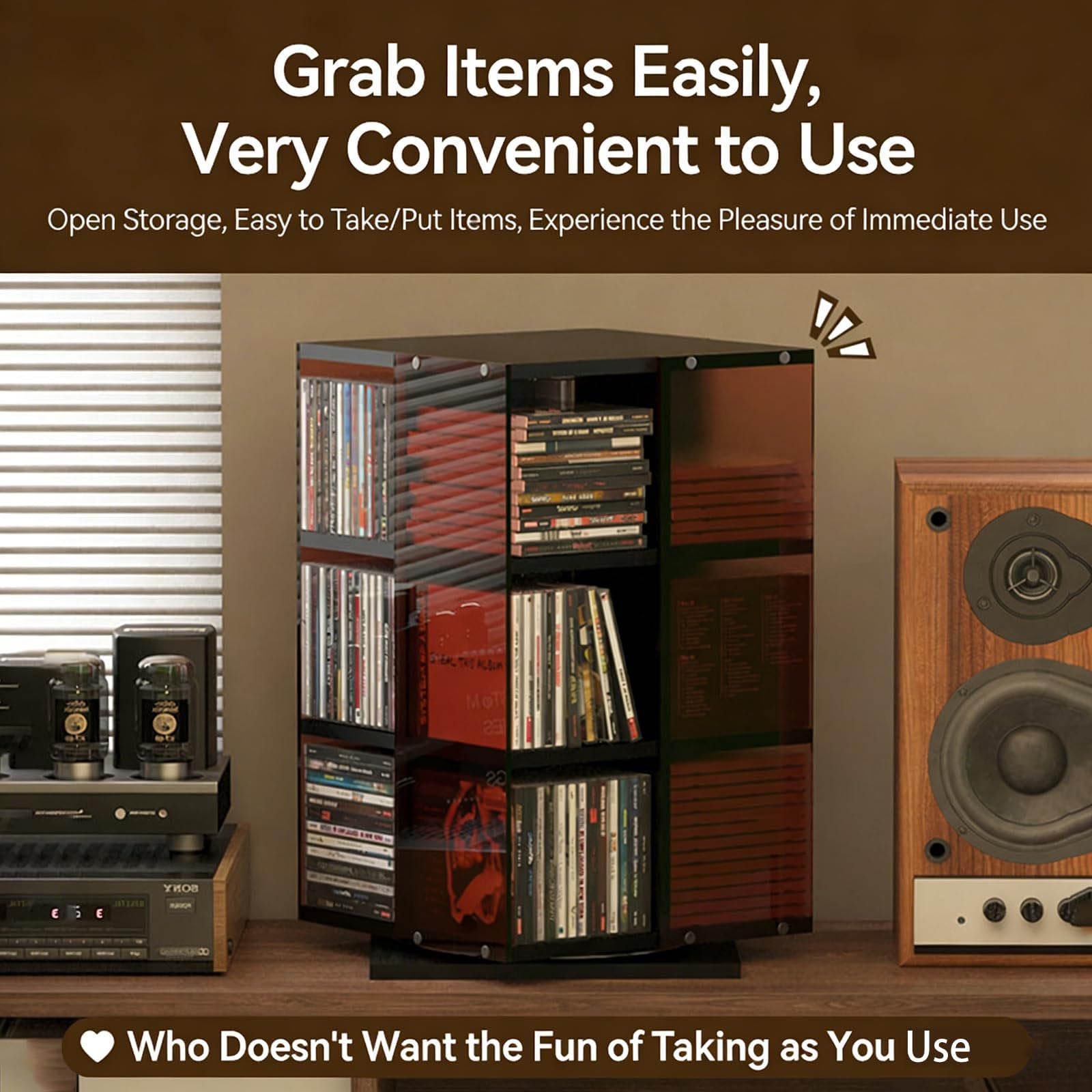 Porta CD Tower – Supporto girevole per DVD, design a 360°, contenitore aperto su 4 lati, contiene 120 CD, ideale per soggiorno e casa, finitura con venature del legno