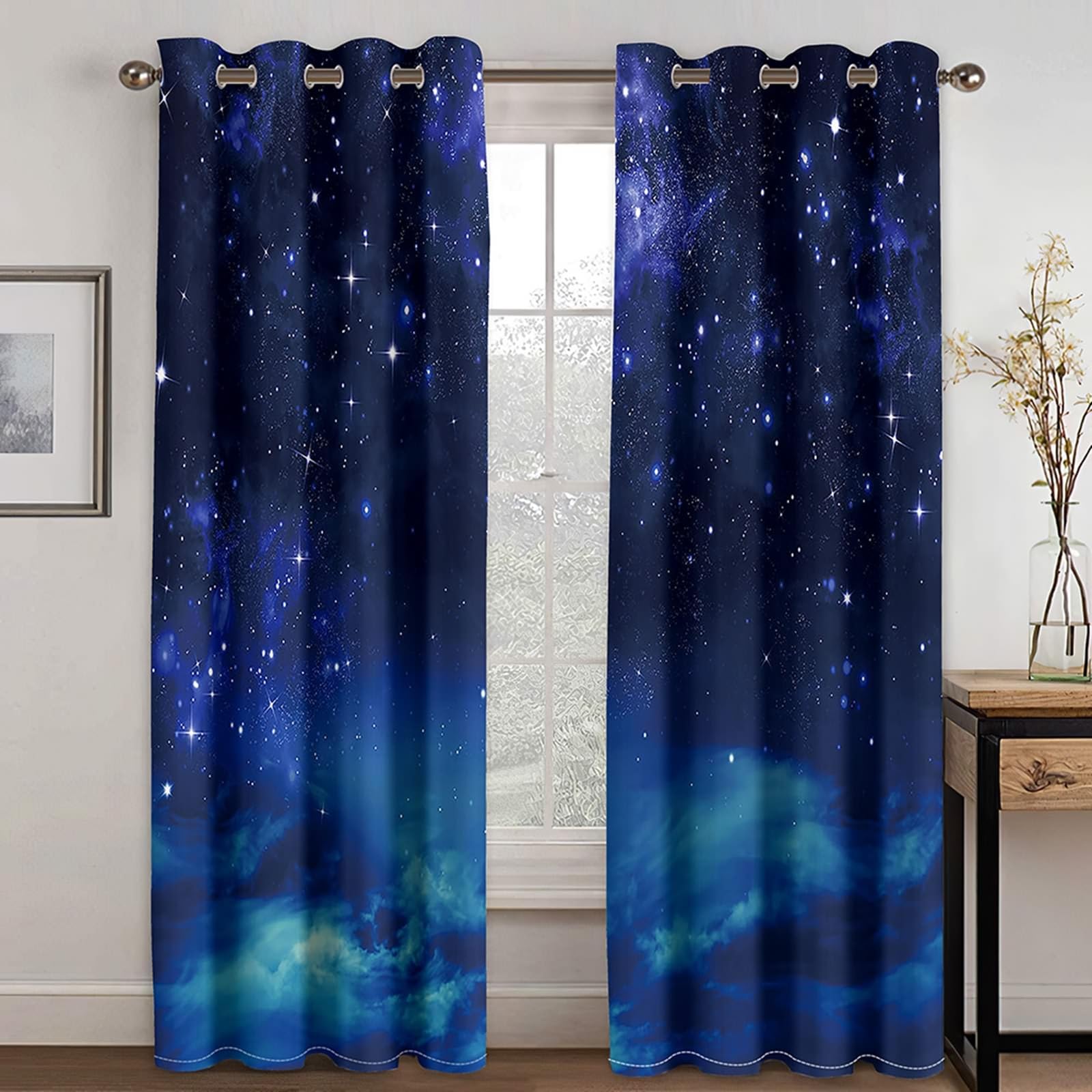 1 Paire de Rideaux Occultant, Rideau Interieur Thermique à Oeillets Paysage de Ciel Étoilé et Nuages Rideaux de Fenêtre pour Chambre Salon Intérieurs, 86x138 CM(LxH), Bleu Marine