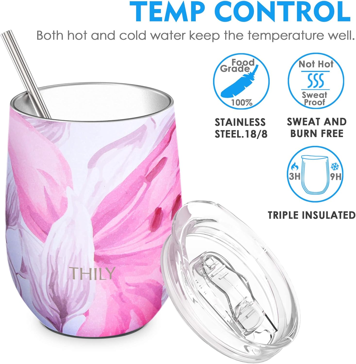 THILY Stainless Steel Insulated Wine Tumbler Stemless Wine Glass with Lid and Straw, Splash-proof, Cute Travel Cup for Coffee, Cocktails, Gifts for Women, Her, Wife, Lotus Flower - Image 2