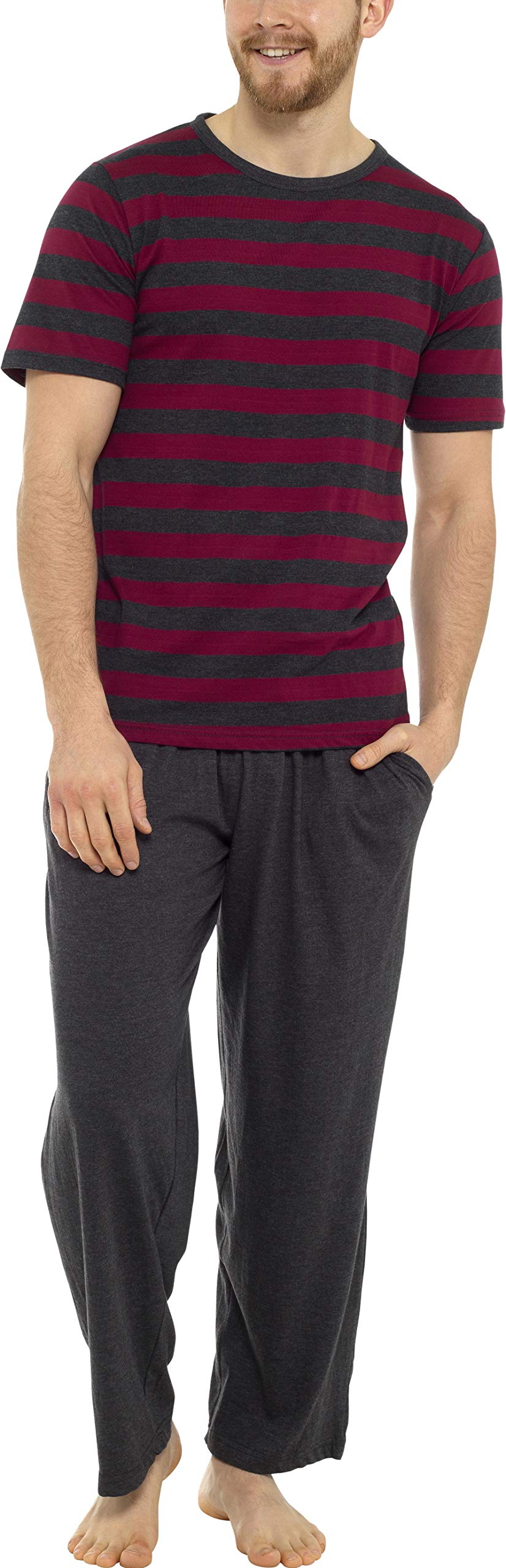 Tom Franks Mens Stripe Cotton Jersey Long Pyjamas Red & Grey Large