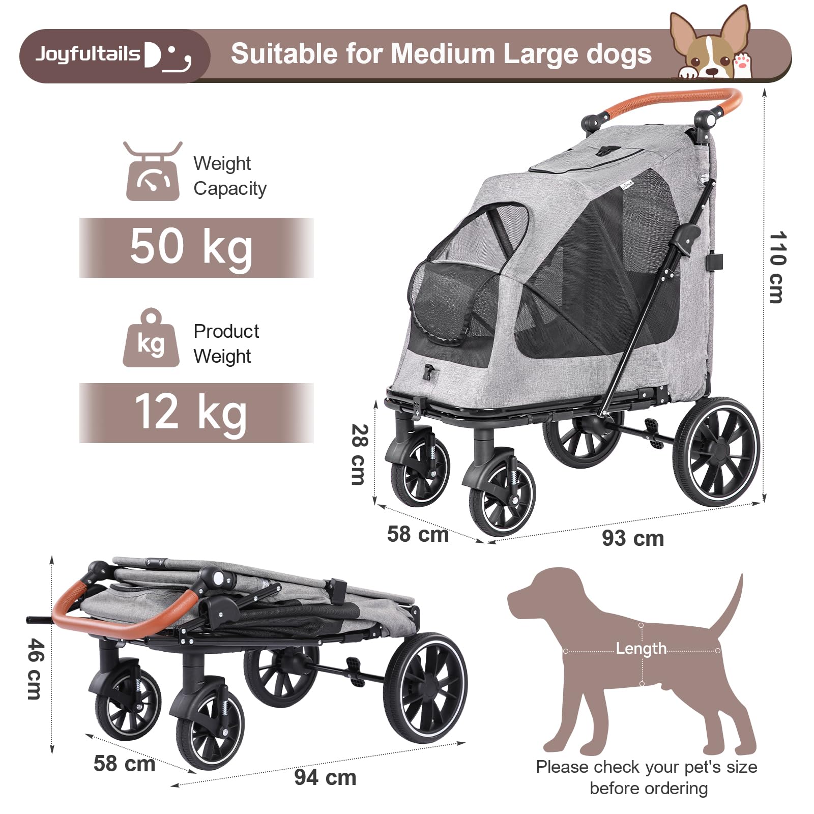 Hundewagen Hundebuggy bis 50 kg, Faltbarer Hundetrolley, Katzenbuggy für große und mittelgroße Hunde, Hundebuggy Große Hunde Schwerlast Hundewagen mit 4 Rädern Verstellbarer Griff