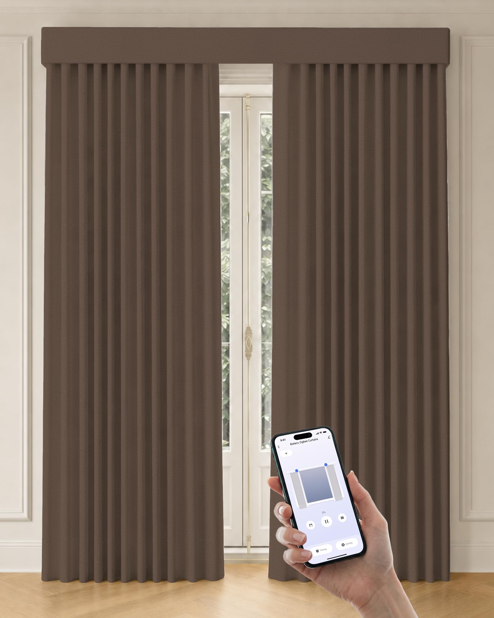 Graywind Motorized Curtains with Track, Room Darkening Smart Curtains, Hardwired Curtains Works with Alexa Google Home Remote Control for Large Windows, Custom Drapes Up to 207", Echo (Chocolate)