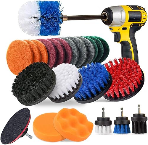 JUSONEY Juego de 24 piezas de accesorios de cepillo de taladro, kit de limpieza de almohadillas de limpieza para selladores de azulejos, bañera,