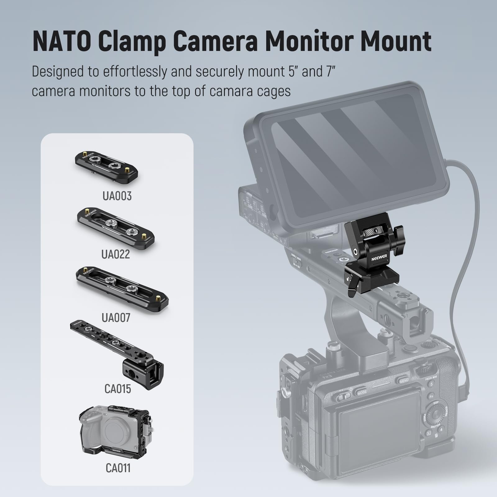NEEWER Support de Moniteur Caméra avec Pince QR NATO, Vis Moletée 1/4" Antitorsion, Amortissement d'Inclinaison 180° Réglable, Monitor Mount Compatible avec SmallRig Atomos Ninja V 5"&7", MA005