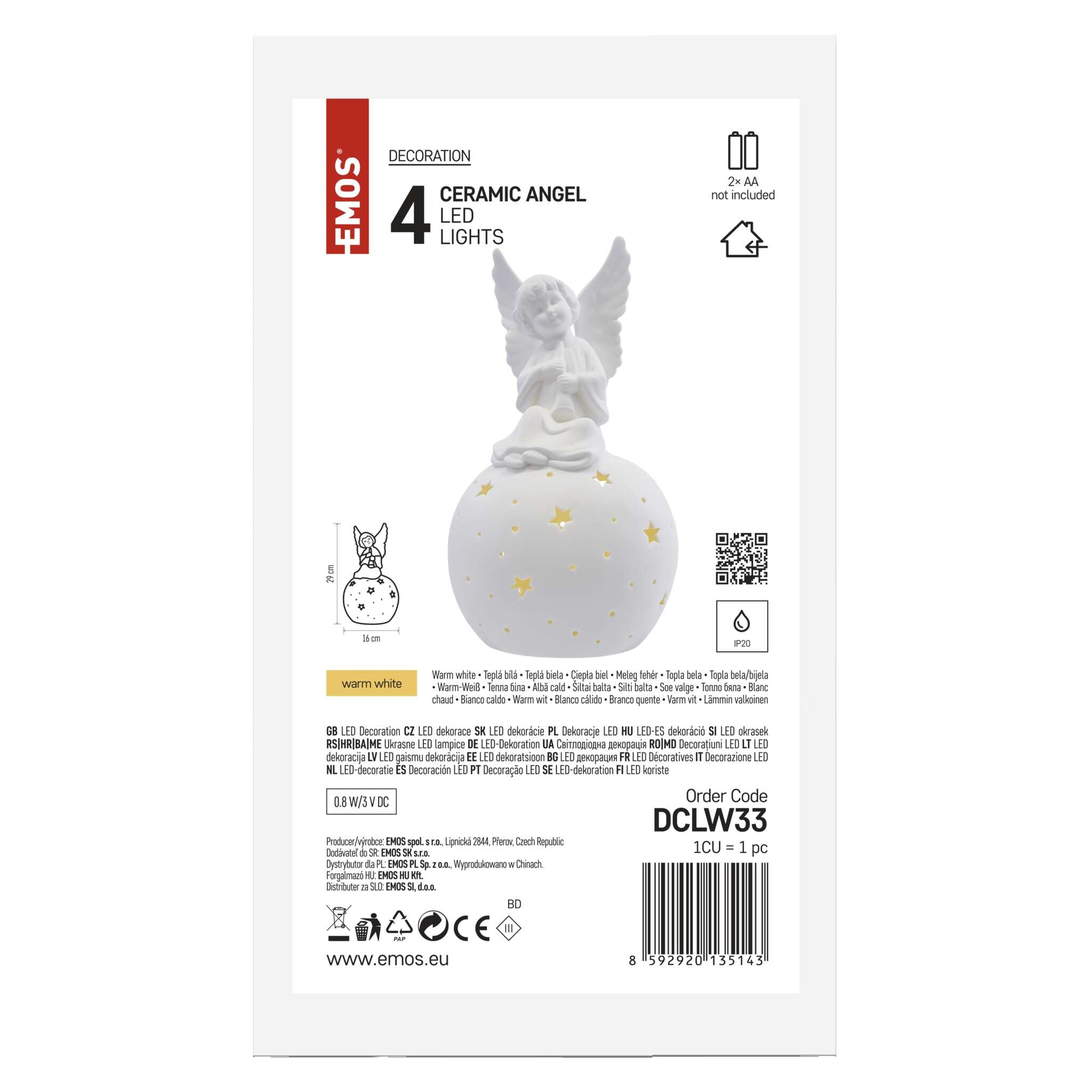 EMOS Décoration LED en céramique Blanche - Ange - Décoration Lumineuse avec Effets d'étoiles Lumineux - pour intérieur - Lumière Blanche Chaude - Fonctionne avec 2 Piles AA Non incluses