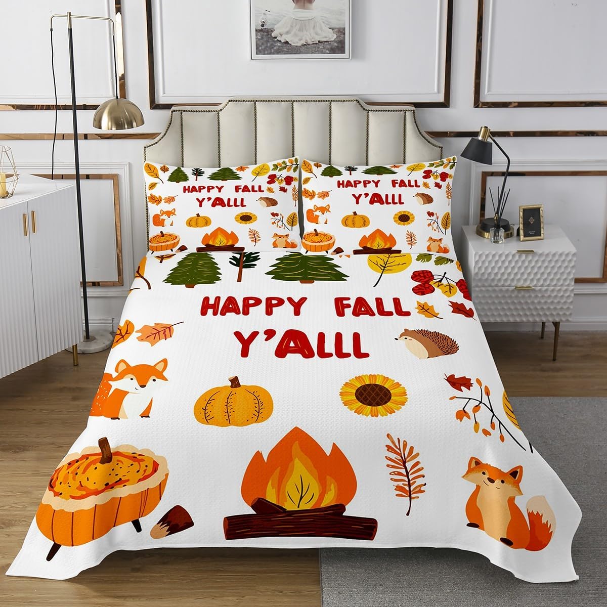 Erosebridal Happy Fall Bedspread Set Fox Animal Coverlet Set Harvest Decor Pumpkin Quilt Set for Toddlers,Autumn Plant Maple Leaves Quilted King,Farmhouse Pine Trees Sunflower Rustic Fall Decor